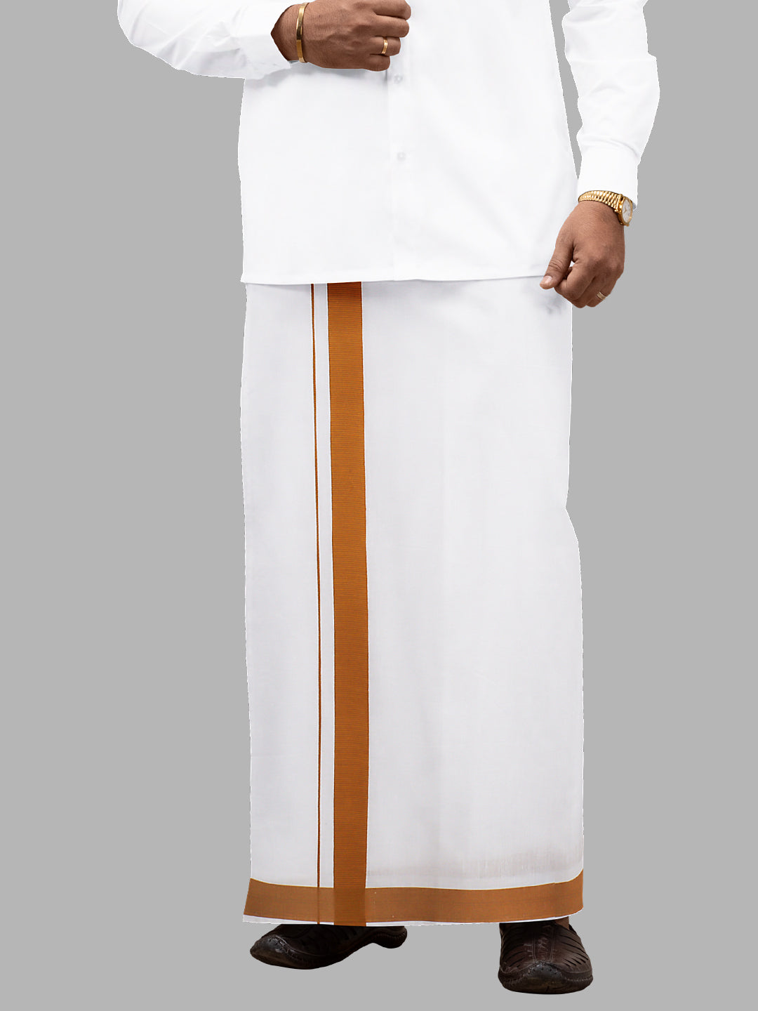 Men Cotton Blend Readymade Single Layer White Dhoti with Big Border GACS1