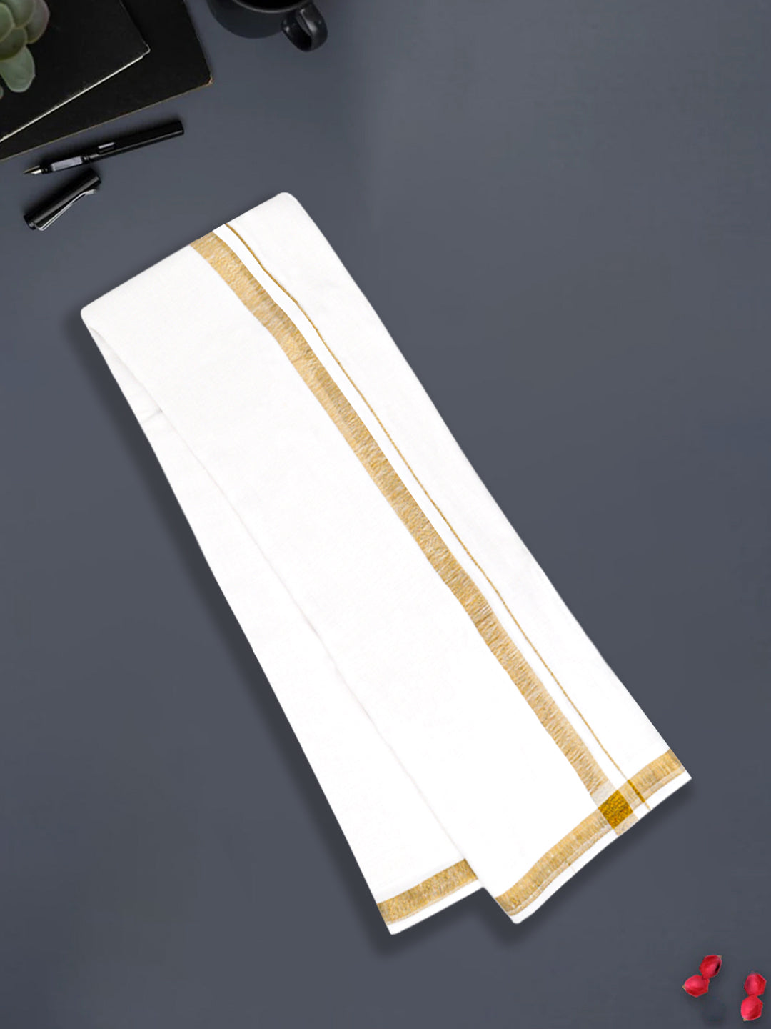 Men Pure Linen Double Layer White Dhoti with Gold Jari Border