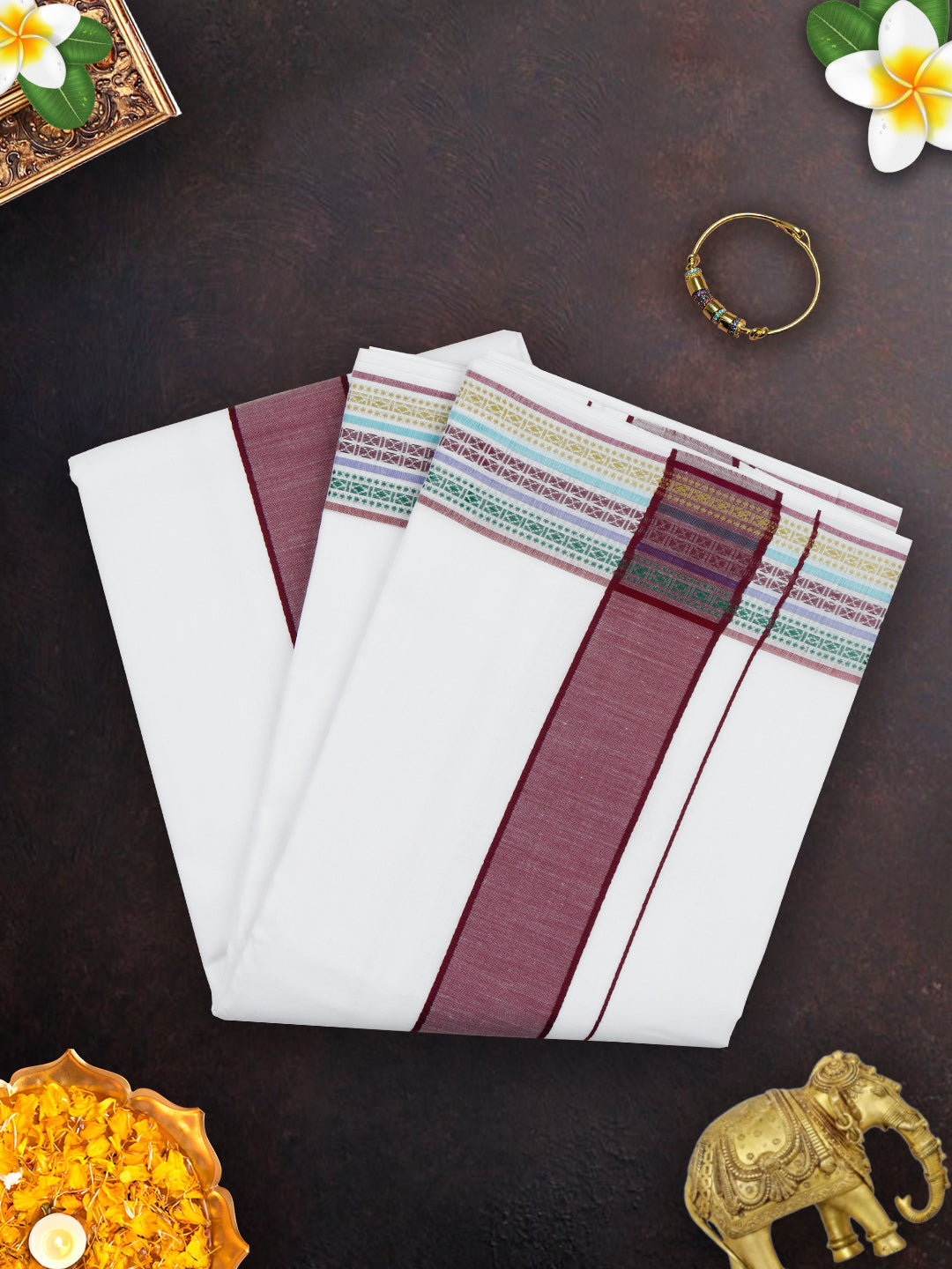 Mens White Panchakacham with Angavasthram Maroon Fancy Border Srirasthu (9+5)-View one