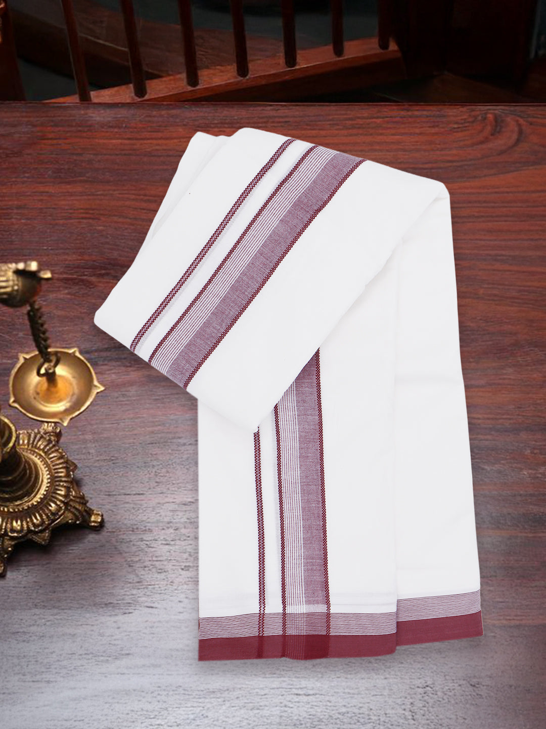 Men 100% Cotton Maroon Fancy Border Panchakacham Set White(9+5)