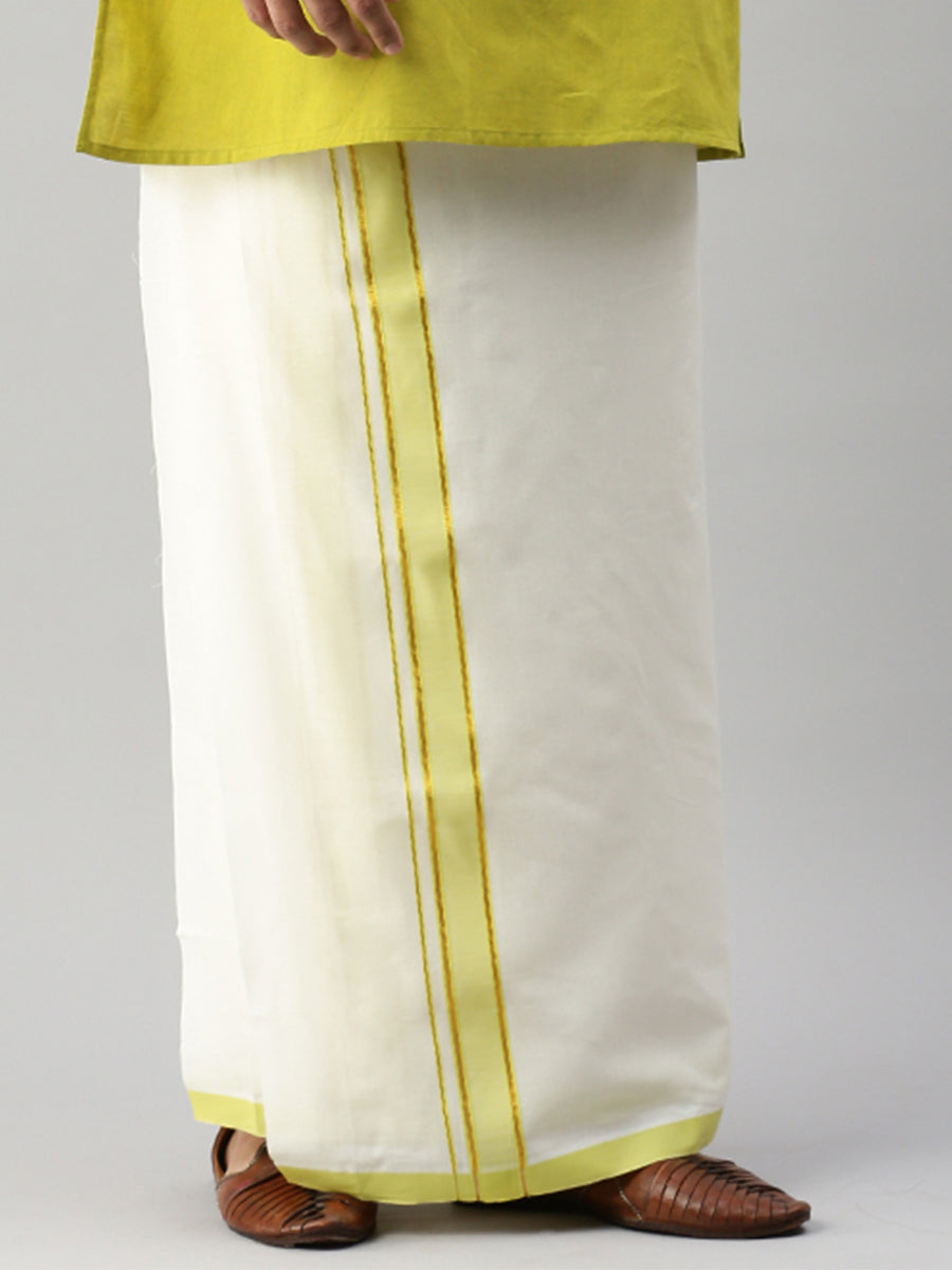 Mens Kora Double Dhoti with Peacock Green Fancy Jari Border Anchor Kora-Front view