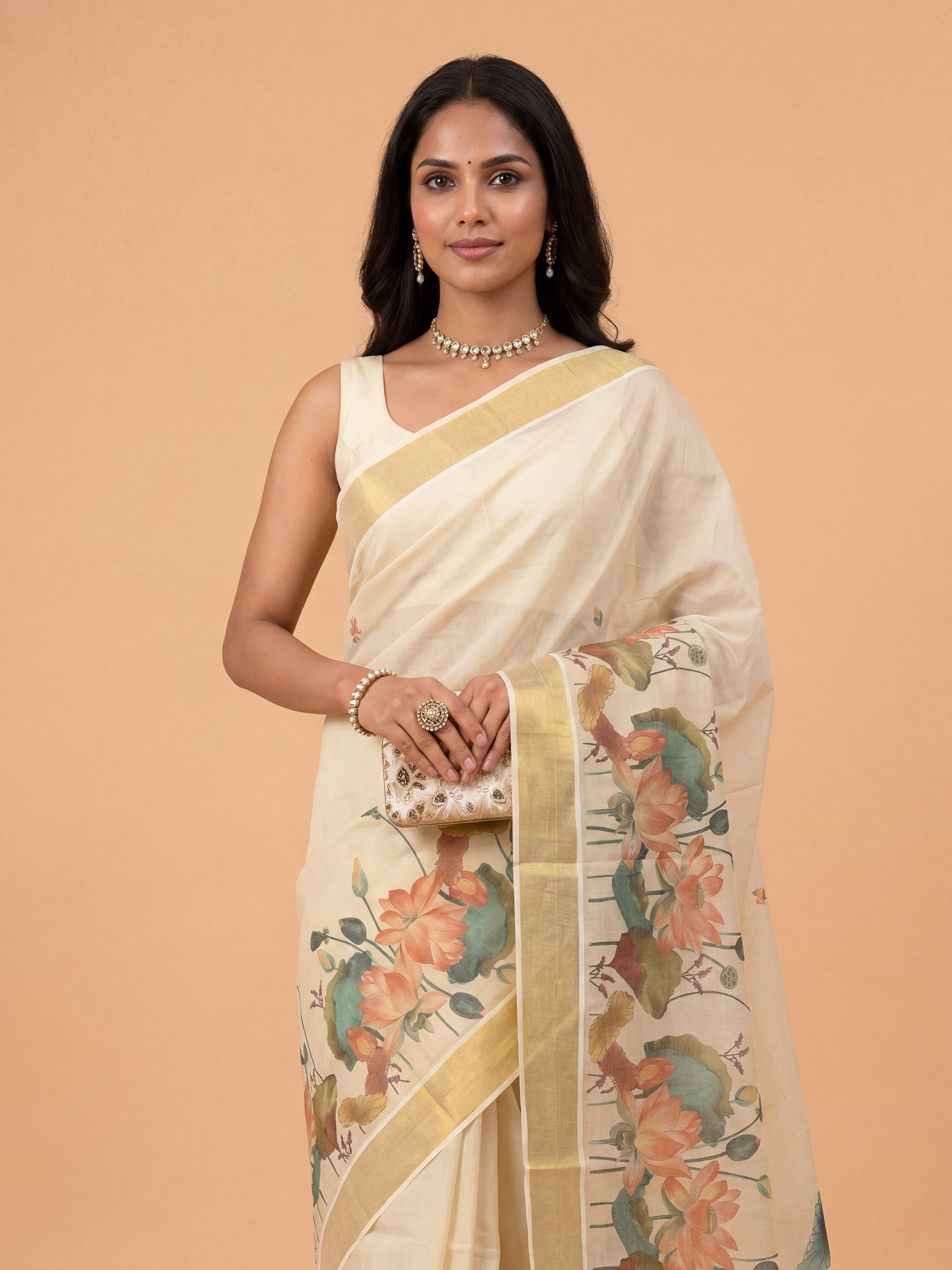 Women Tissue Cream Floral Printed Kerala Saree KLS14