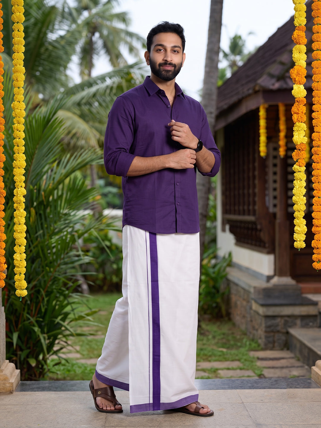 Double Layer 100% Cotton White Dhoti with Colour Border - RSD02