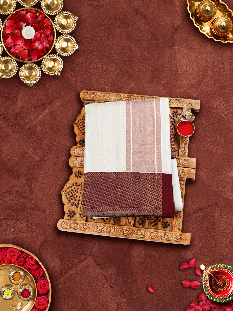 Premium Pure Silk Cream Dhoti With Angavastram 5" Maroon Jari Border Agarshanaa