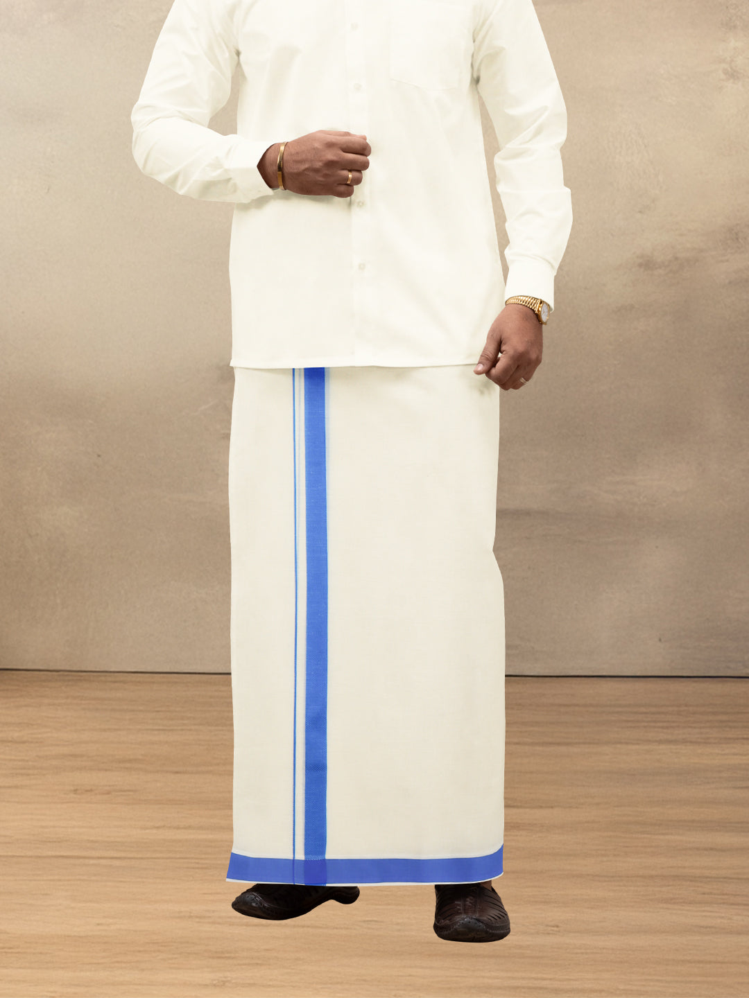 Men Kora Cotton Double Layer Dhoti with Blue Fancy Border VKF07
