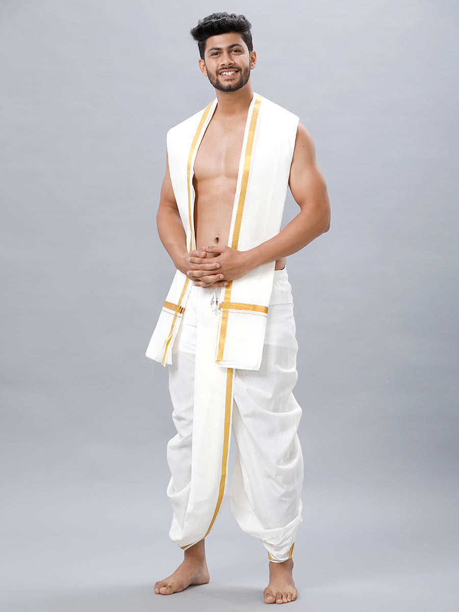 Men's Readymade Cream Panchakacham & Angavastram with Gold Jari Border Aashan