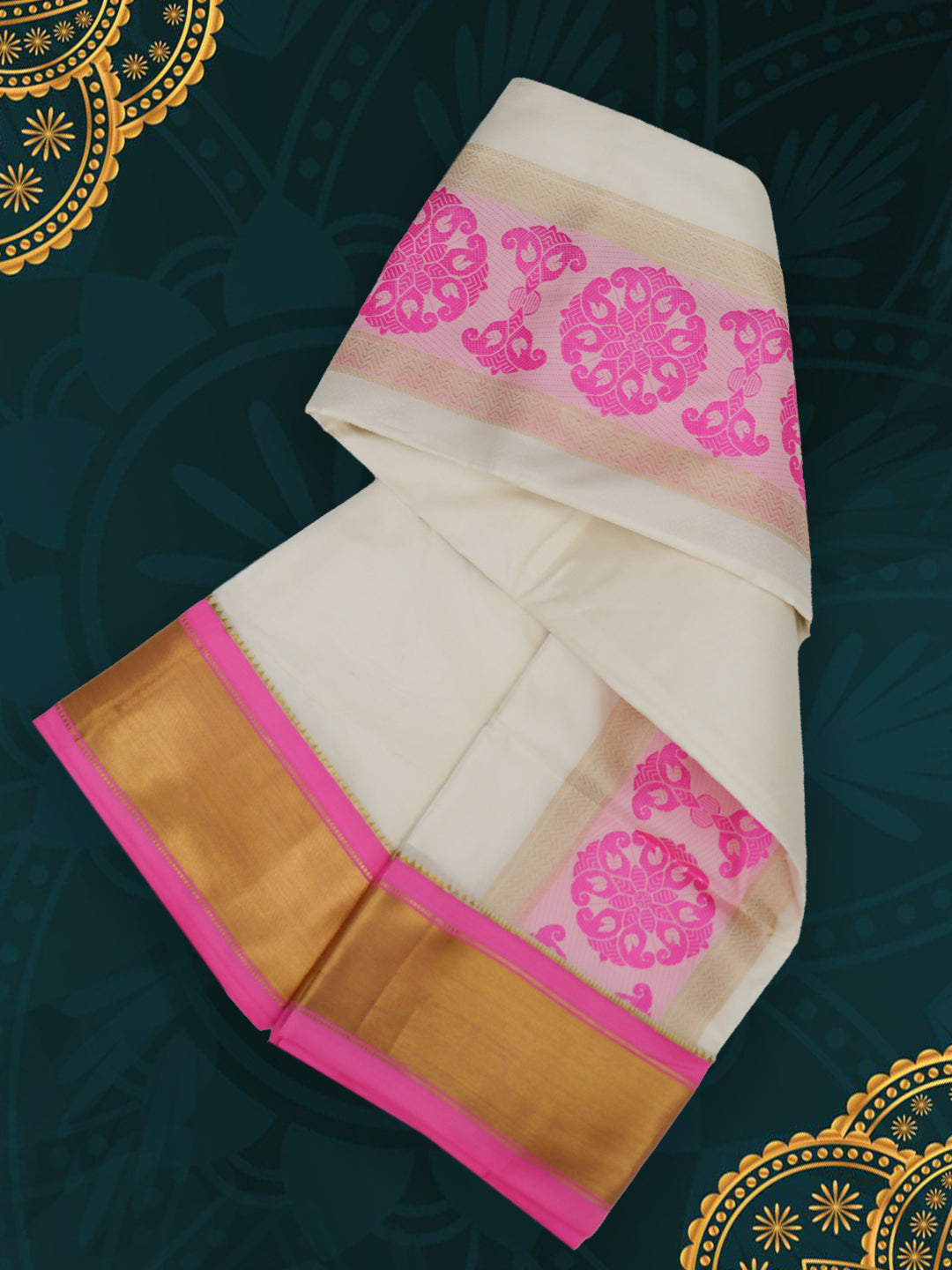 Men’s Pure Silk Cream Dhoti and Towel Set with 3-inch Pink & Gold Fancy Jari Border TF03