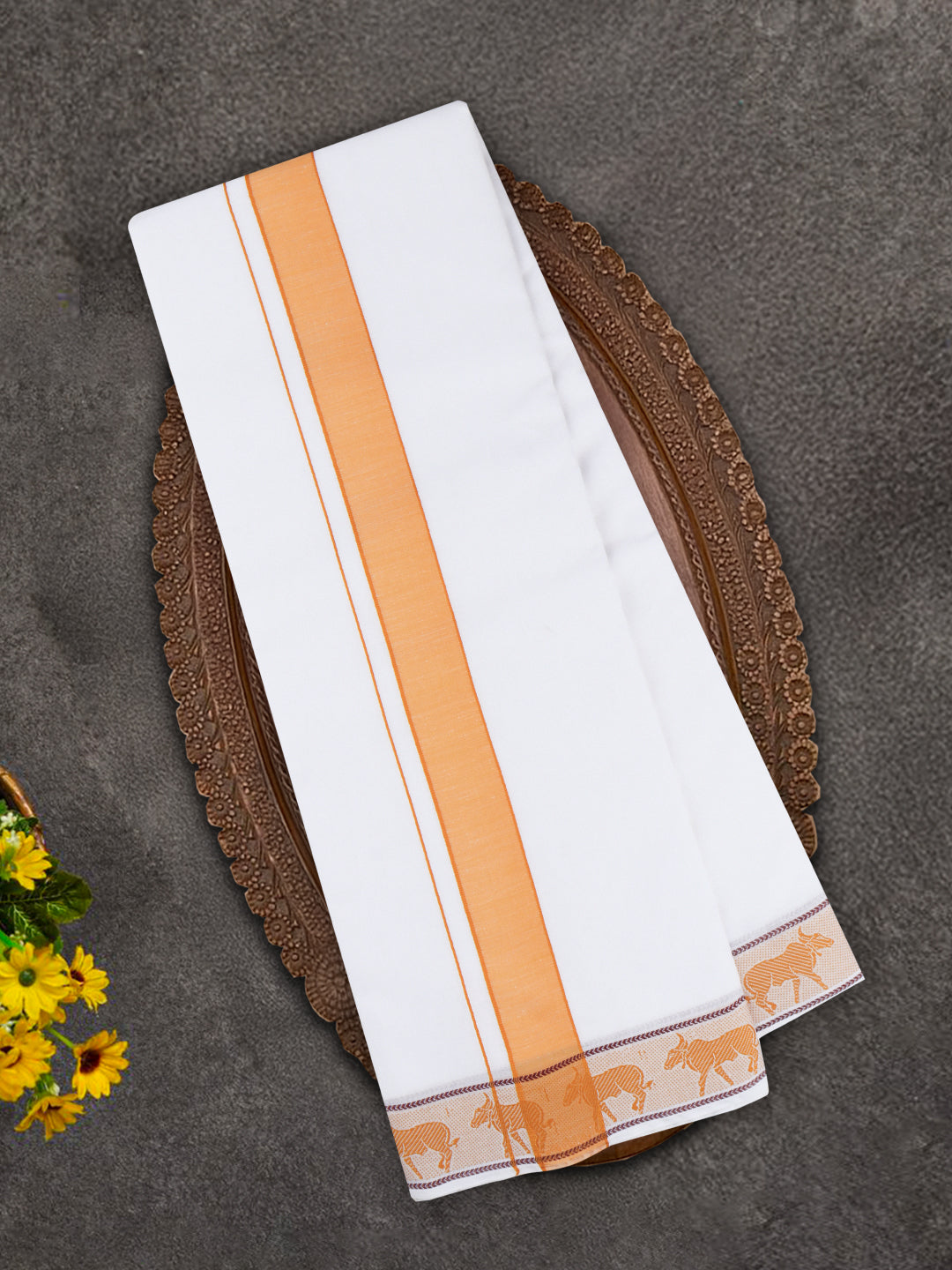 Men Cotton Mustard Fancy Border Panchakacham with Angavasthram Srirasthu(9+5) SR51