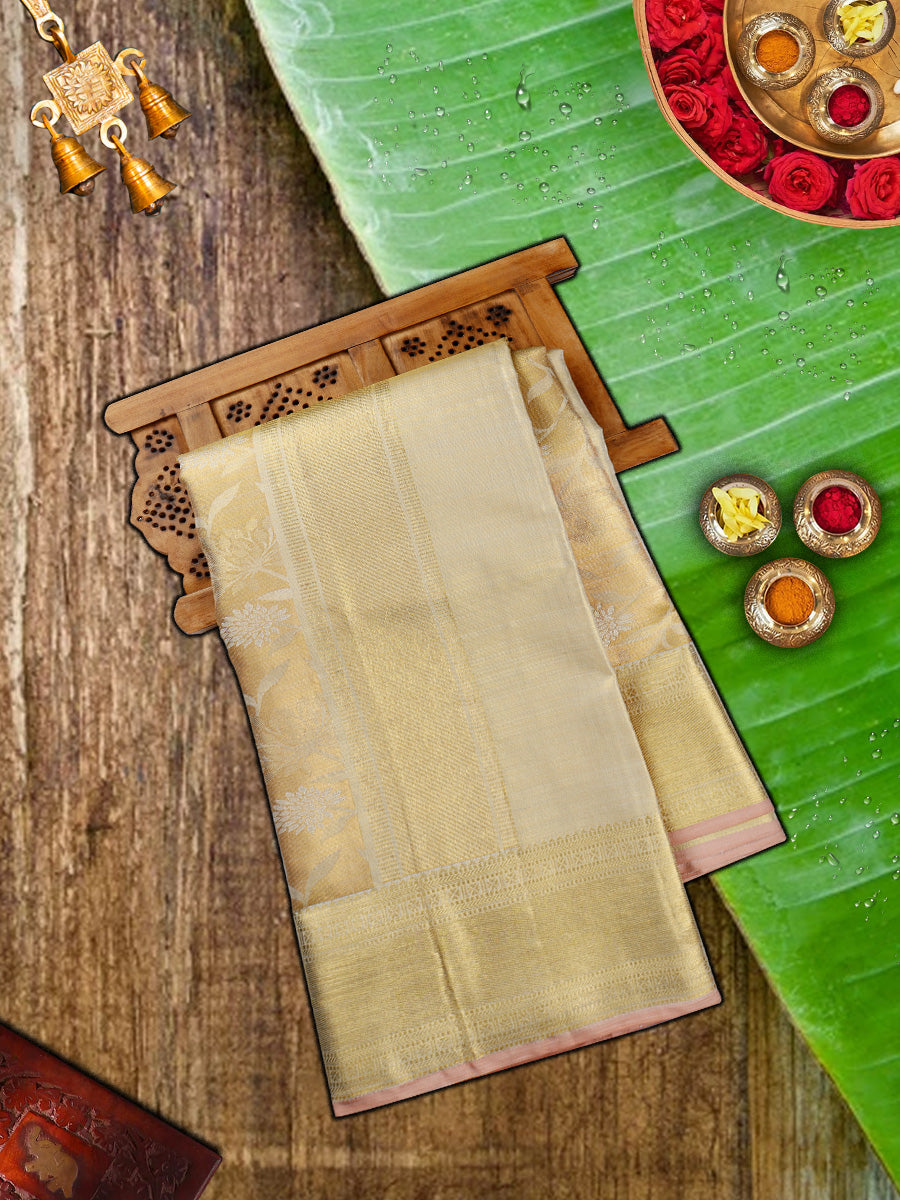 Premium Pure Silk Tissue Jari Dhoti With Angavastram 5" Gold Jari Border Agarshanaa-view one