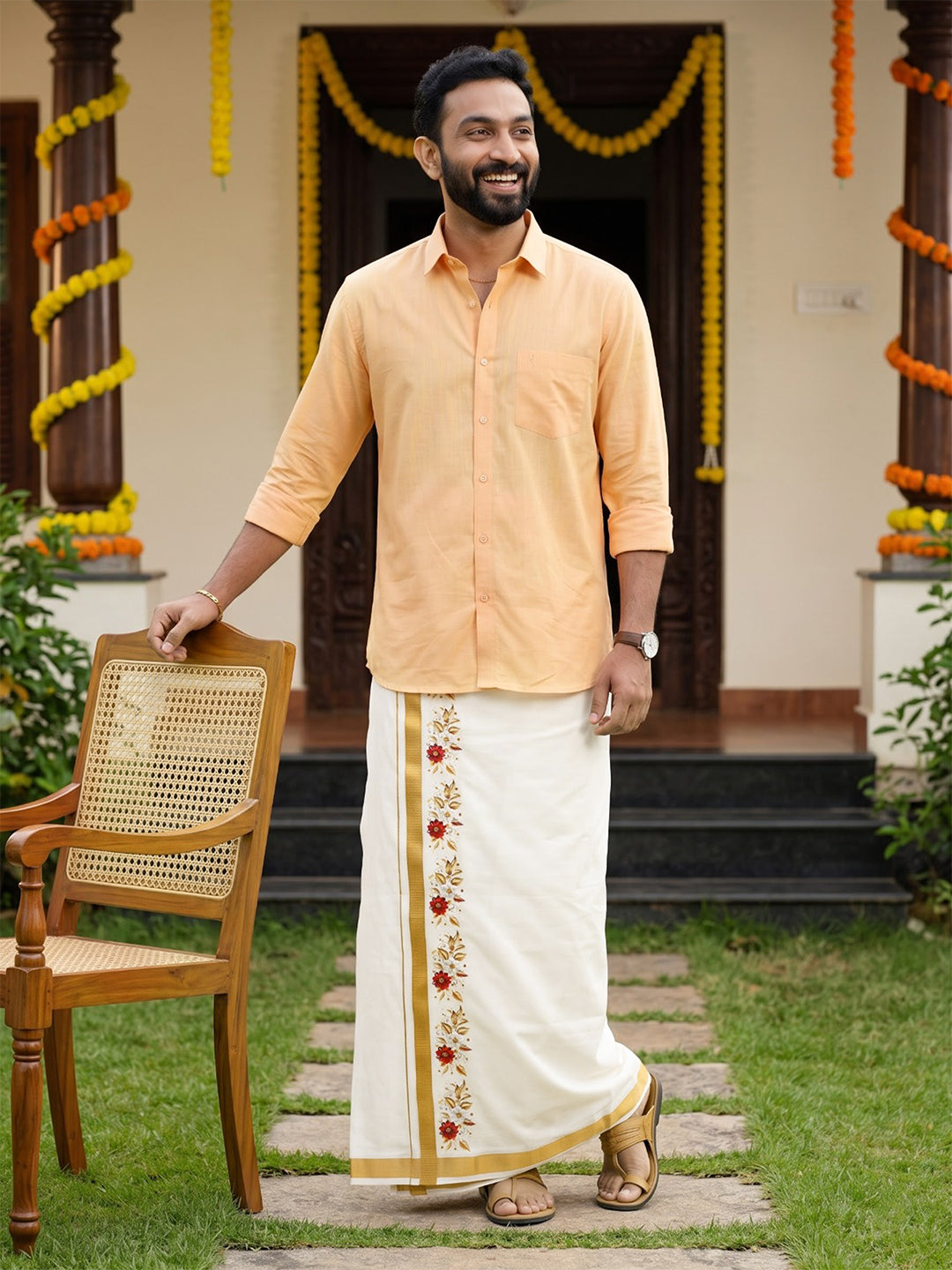 Double Layer Cotton Cream Dhoti with Colour Jari Border - GCC03