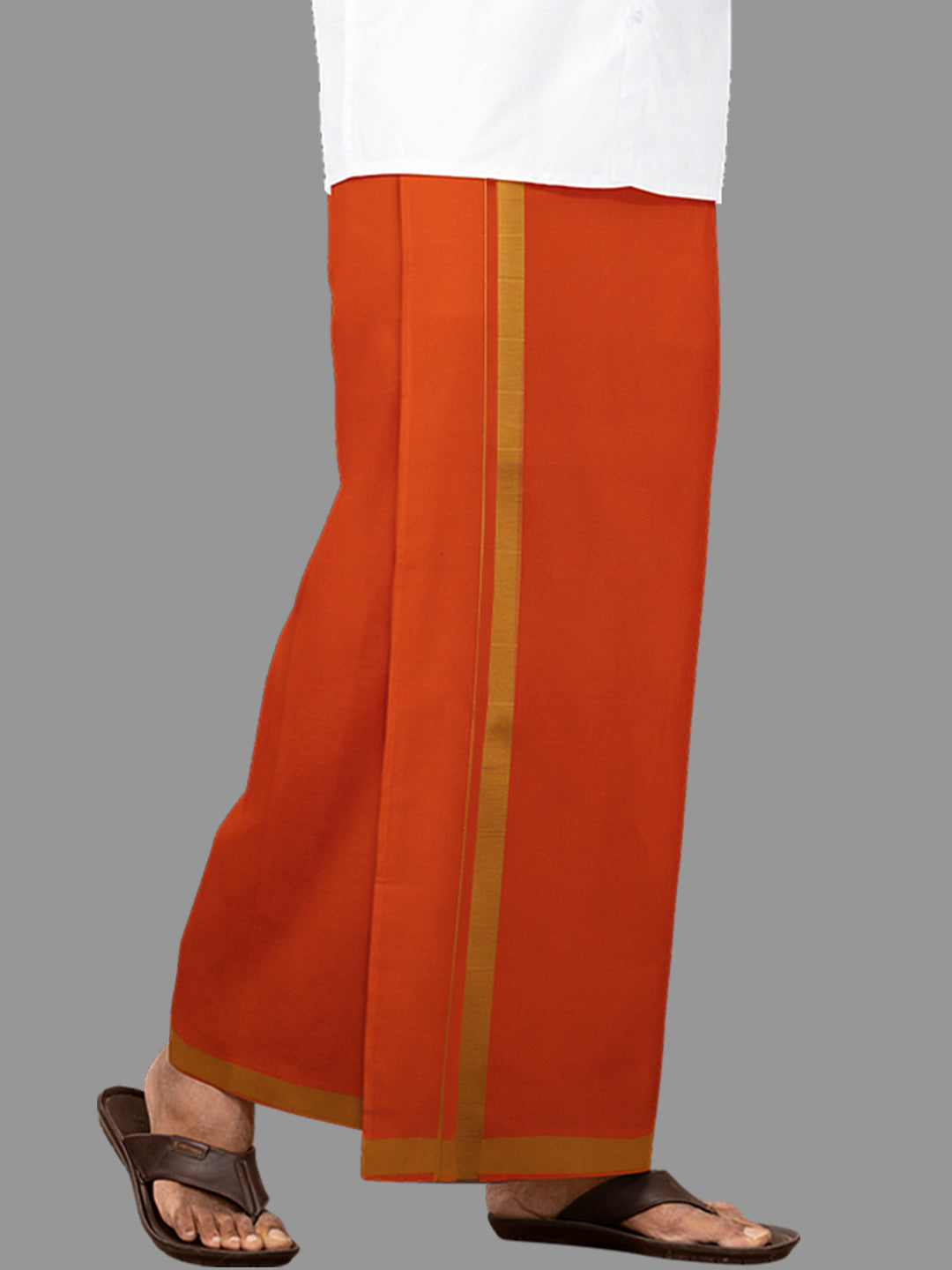 Men Cotton Blend Single Layer Orange Dhoti with Big Border Rishi