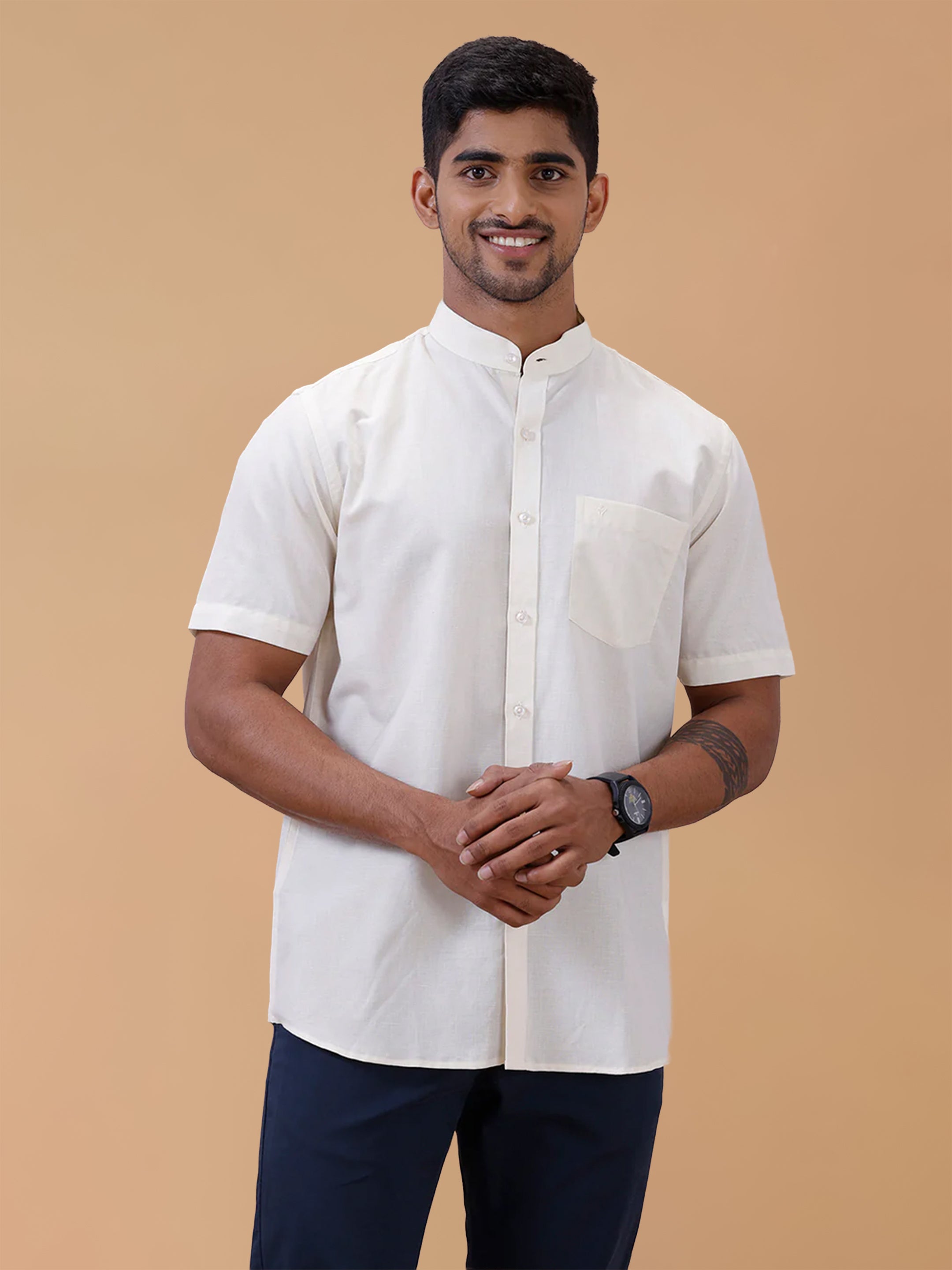 Linen Cotton Cream Chinese Collar Regular Fit Shirt LF12