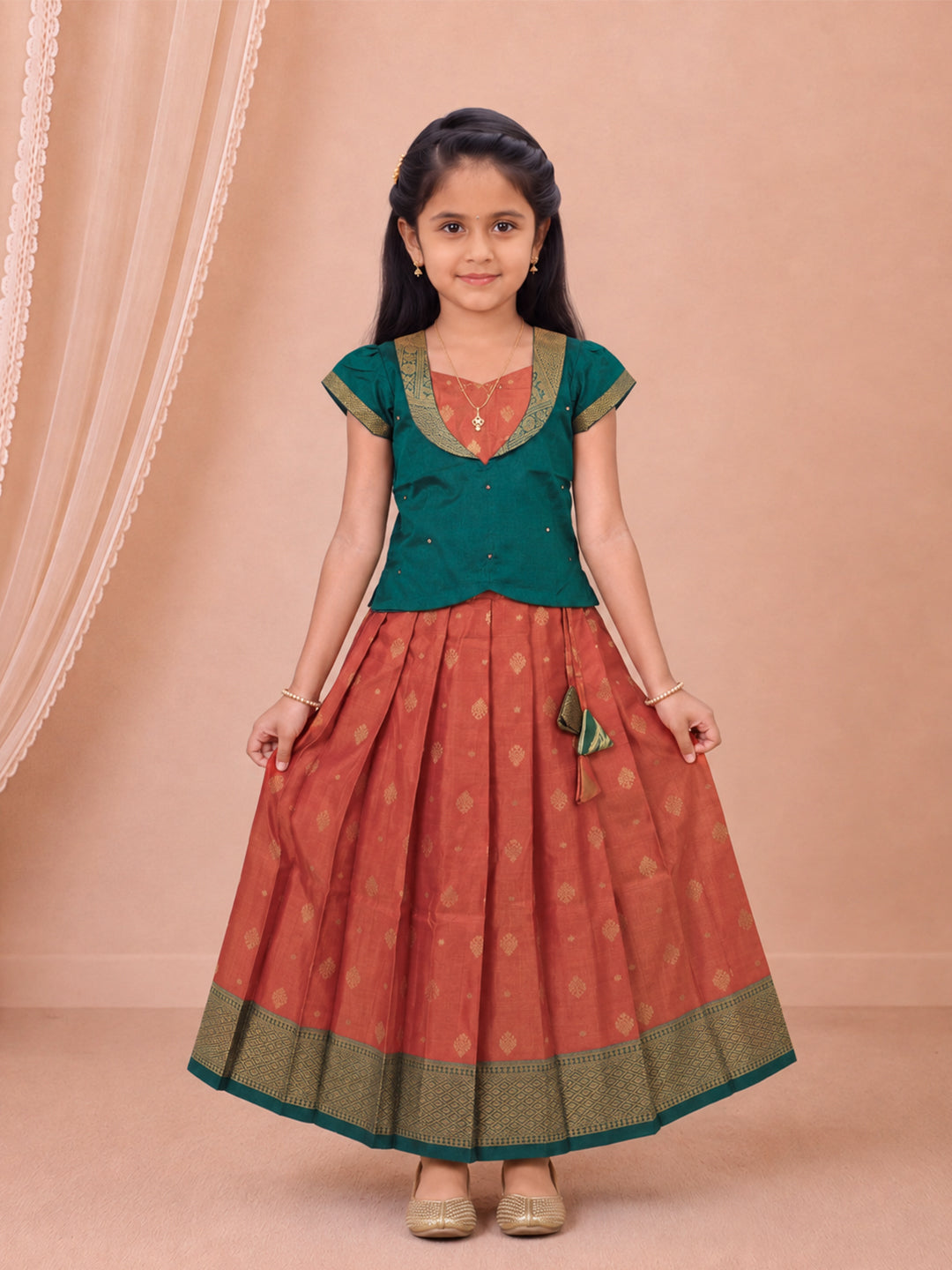 Girls Tissue Teal Green with Coral Pink Pattu Pavadai Set GPS67