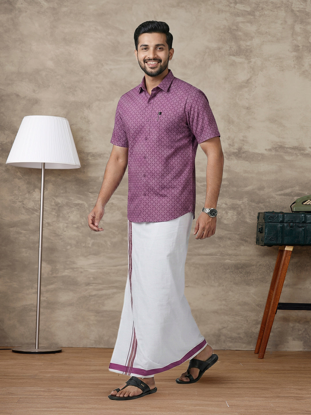 Men Dark Megenta Matching Border Dhoti With Printed Shirt Set Fusion PS28