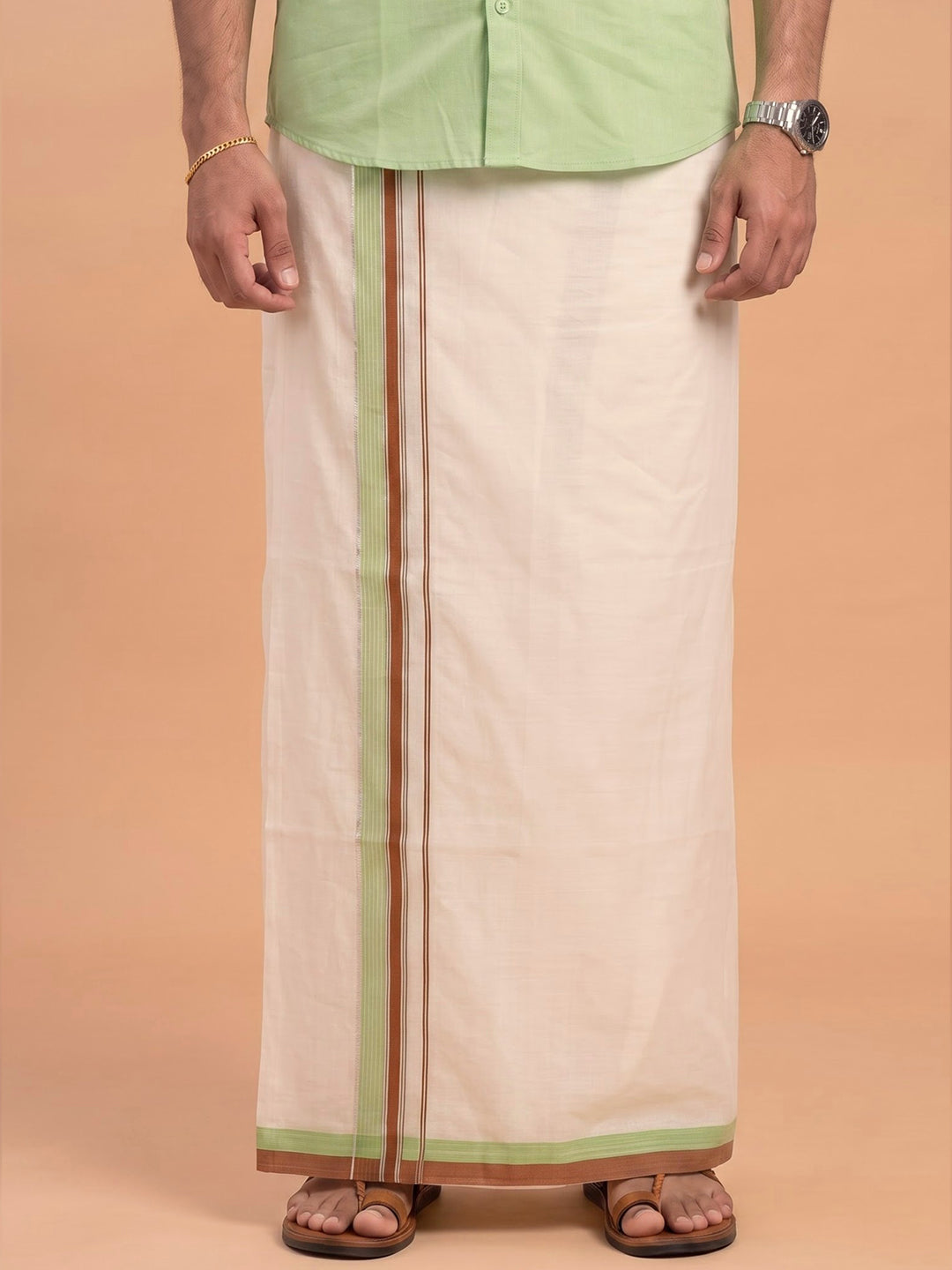 Double Layer Giza Cotton Cream Kora Dhoti with Colour Border - PKJ01