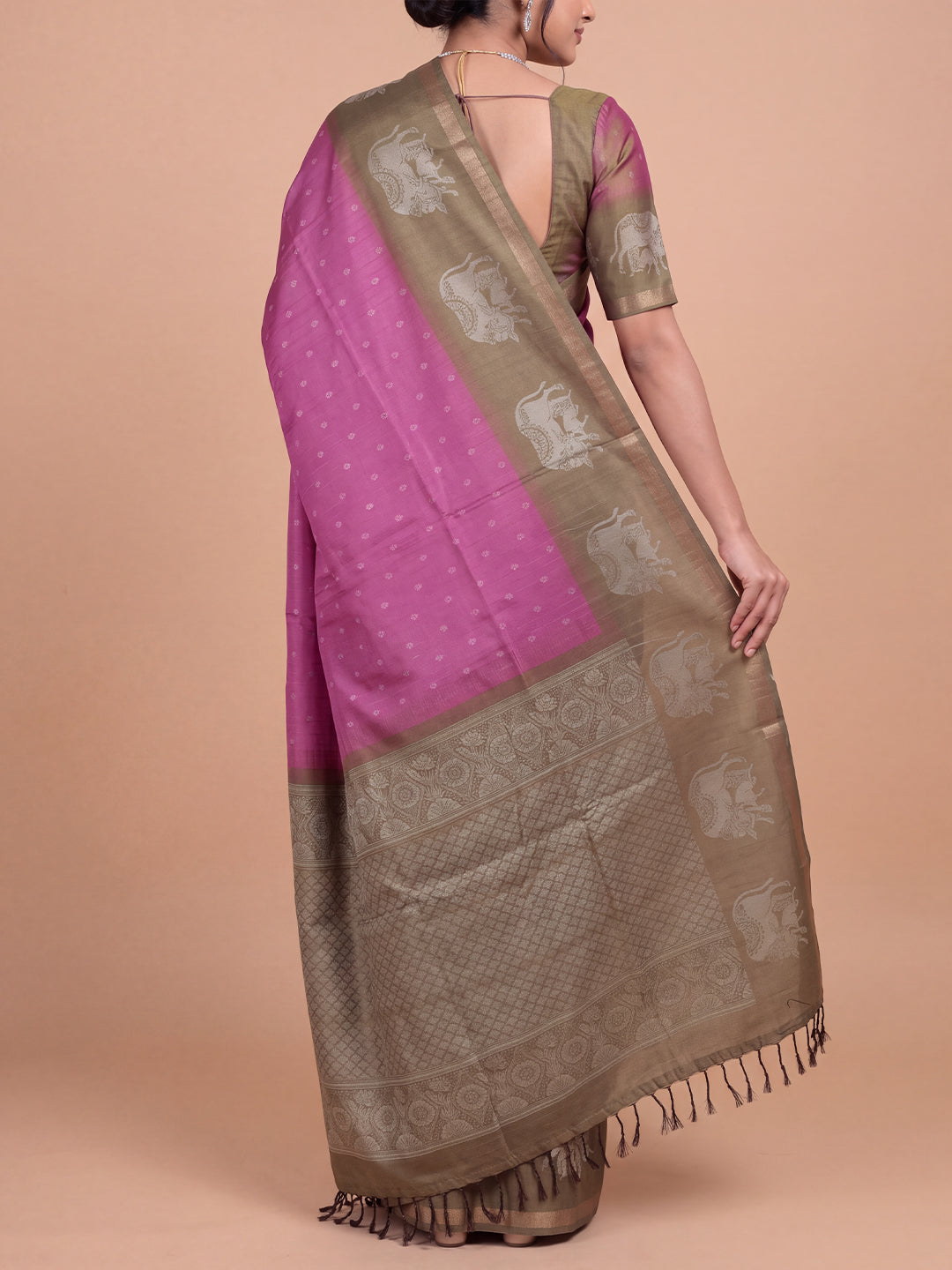 Women Semi Raw Silk Pink with Olive Green Fancy Printed Saree SRS127