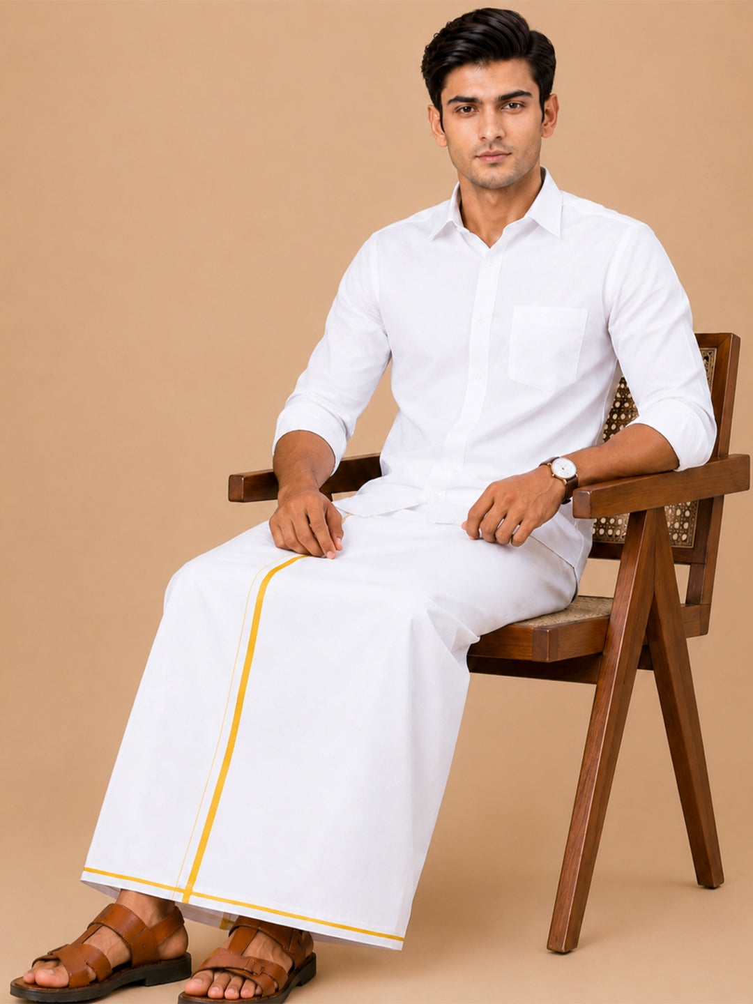 Double Layer 100% Cotton White Dhoti with Small Border - Real Value RV02