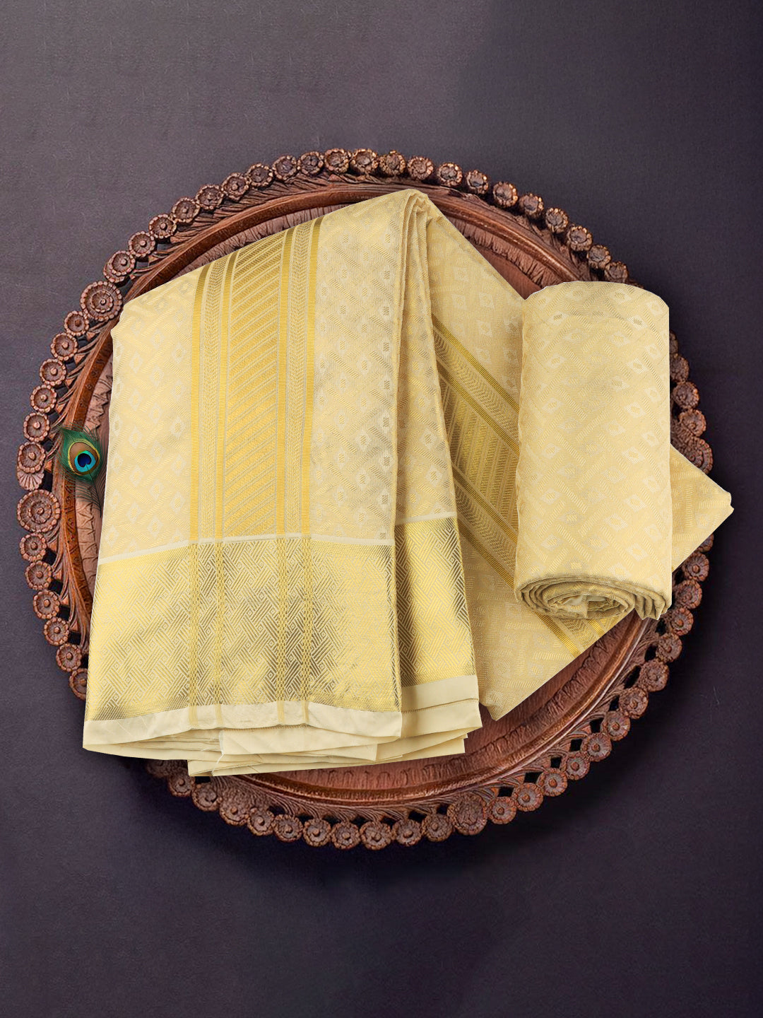Men Art Silk Wedding Set Dhoti Shirting & Towel Set Gold Brahmotsavam B16(3*1)