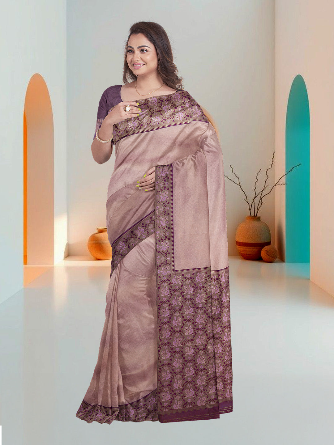 Women Pink Art Silk Printed Saree ASS70