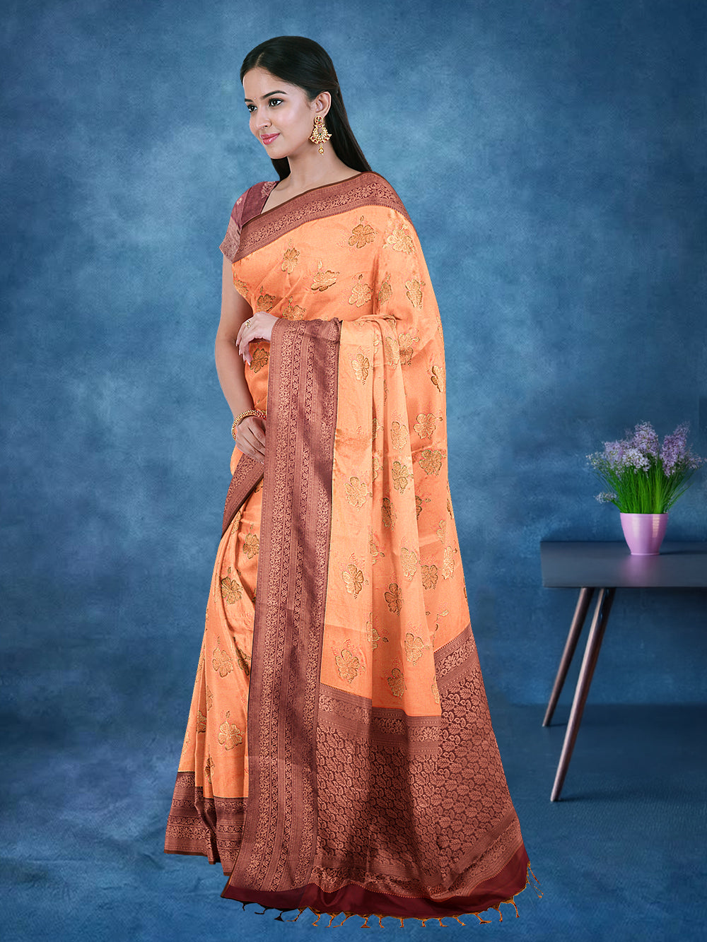 Women Orange Soft Silk Saree SD02
