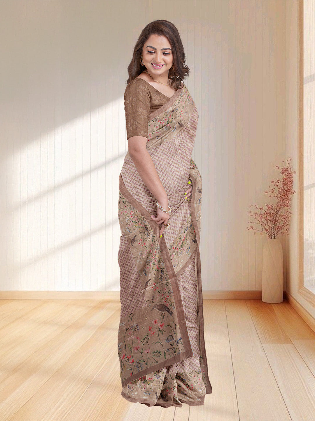 Women Peach Semi Tussar Printed Saree ST252
