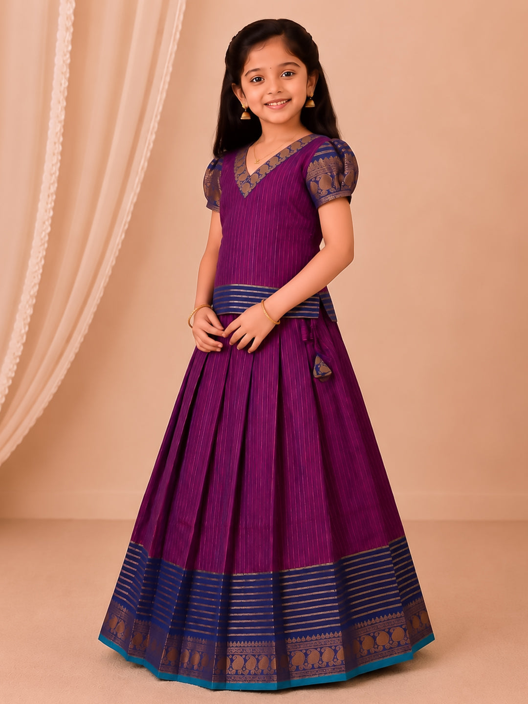Girls Cotton Purple Pattu Pavadai Set GPS56