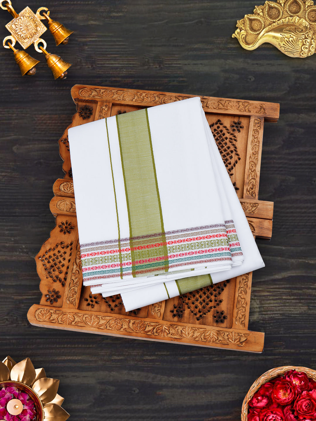 Mens White Panchakacham with Angavasthram Light Green Fancy Border Srirasthu (9+5)-View one