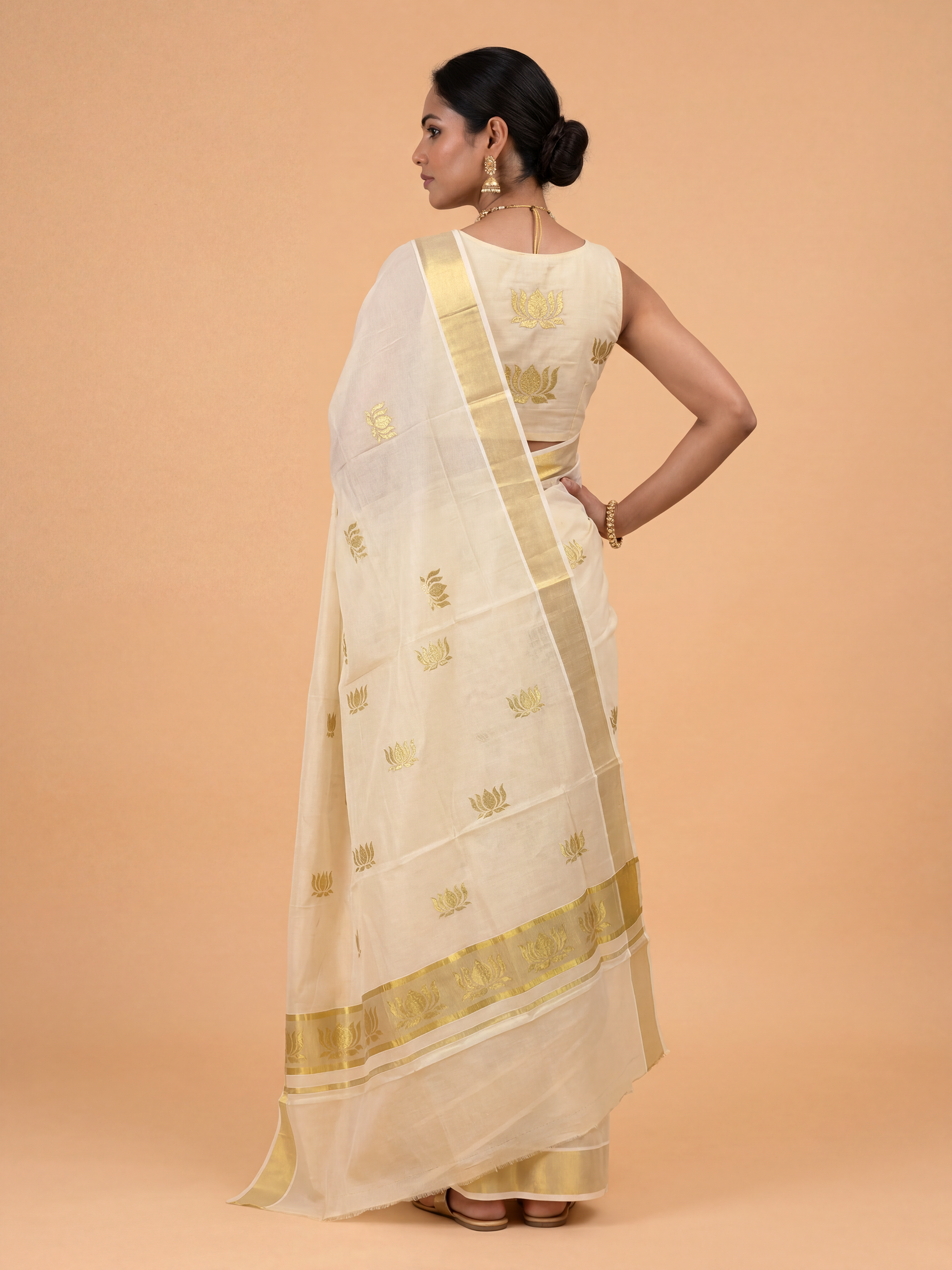 Women Tissue Cream Kerala Saree with Gold Jari KLS20