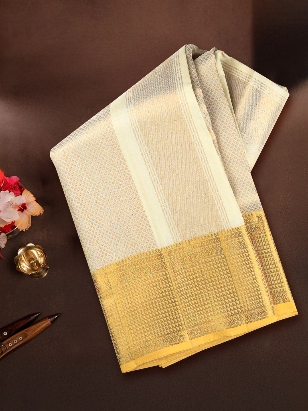 Men Luxury Premium Pure Silk Cream Dhoti Towel Set with 6" inch Gold Jari Border Amirtham AM19