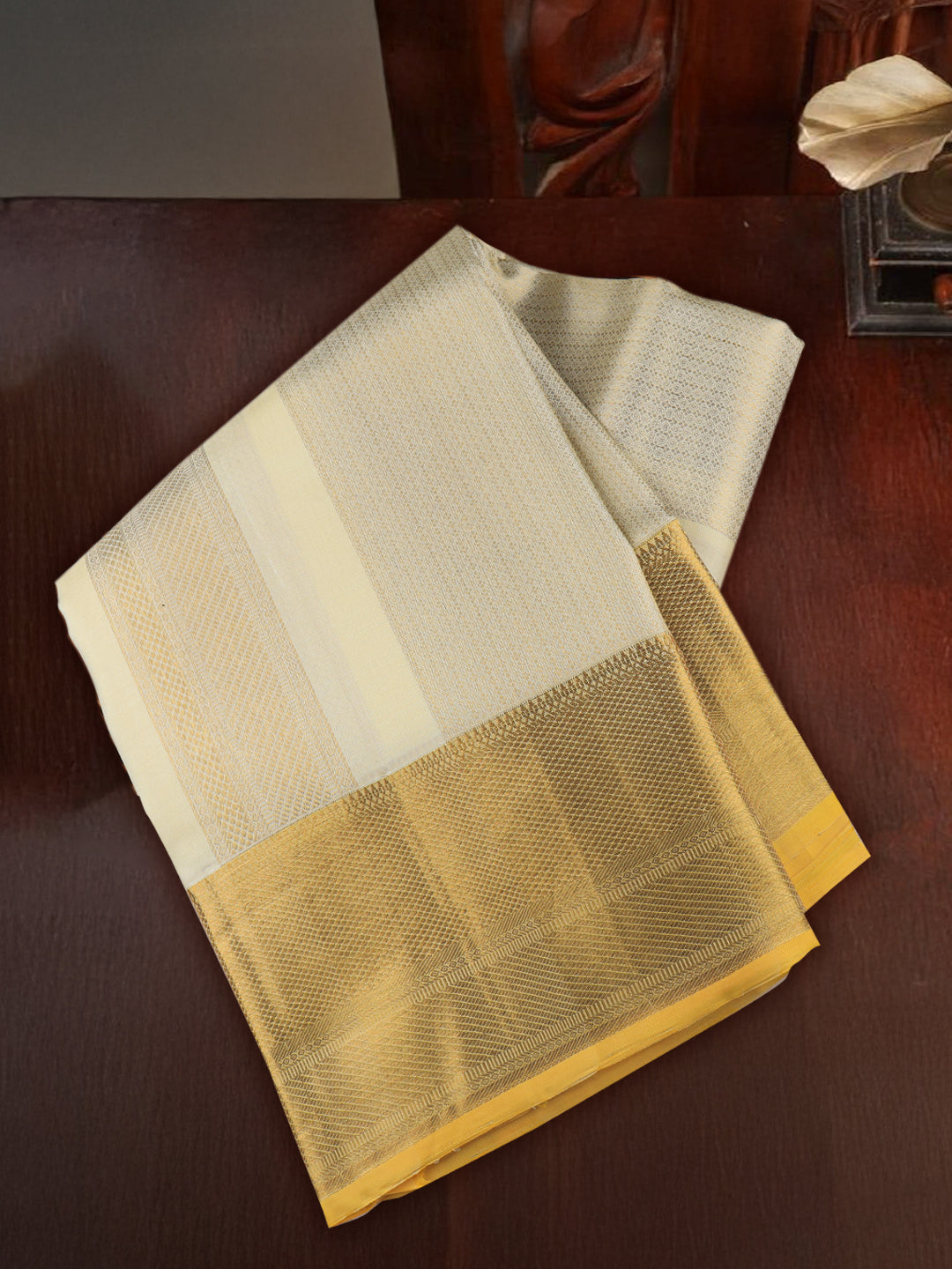 Men Premium Pure Silk Cream Dhoti & Towel Set with 6" inch Gold Jari Border Amirtham AM15