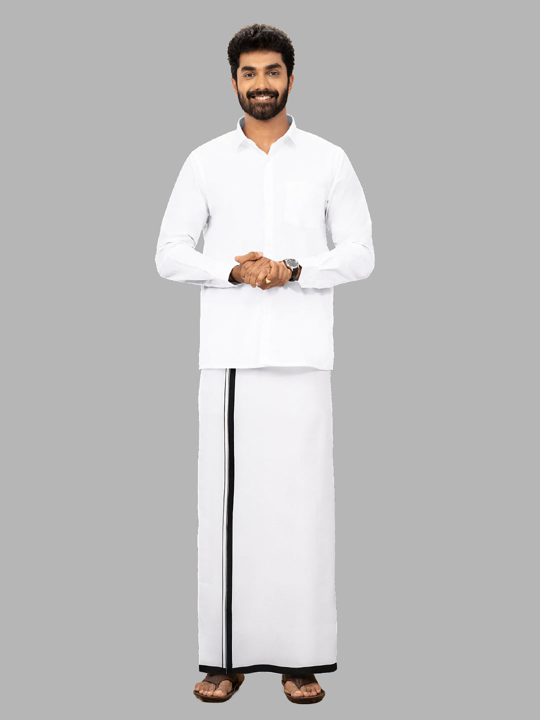 Men 100% Cotton Single Layer White Dhoti with Black Fancy Border Image