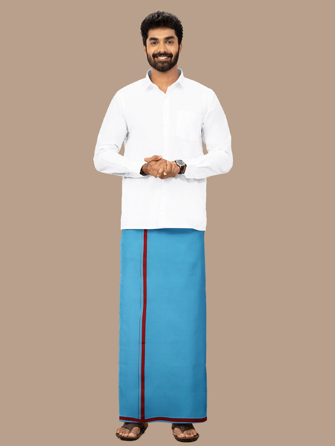 Men 100% Cotton Single Layer Turquise Blue Dhoti with Fancy Border