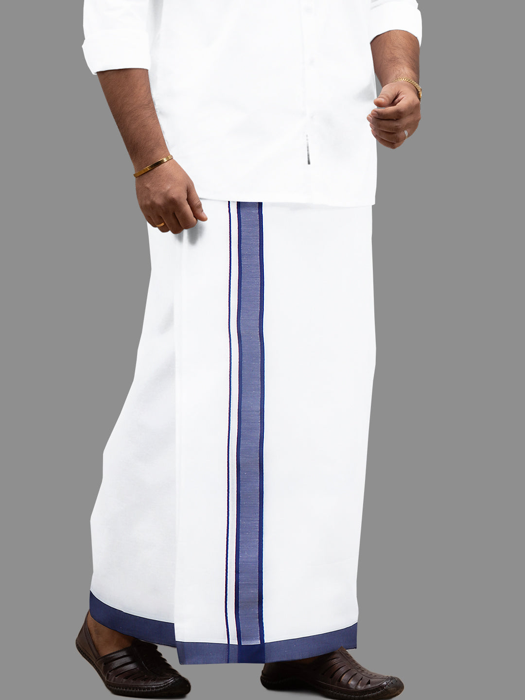 Men Navy Fancy Border Double Layer Dhoti Terra Plain