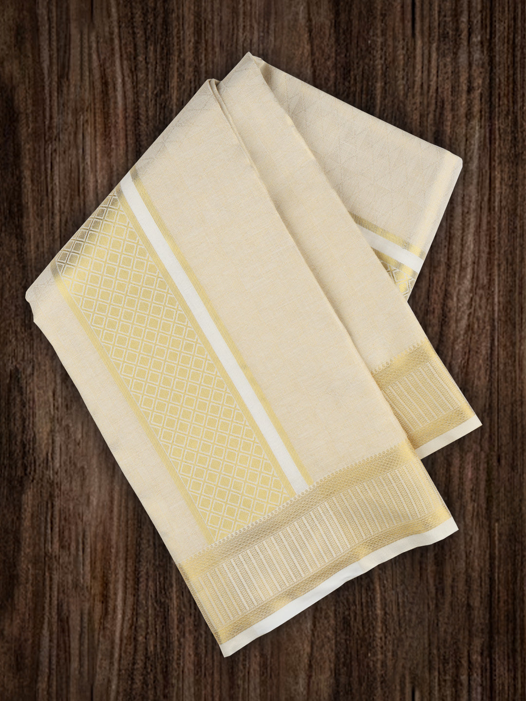 Men Tissue Dhoti Shirting & Towel Set Cream Golden Glory GG01