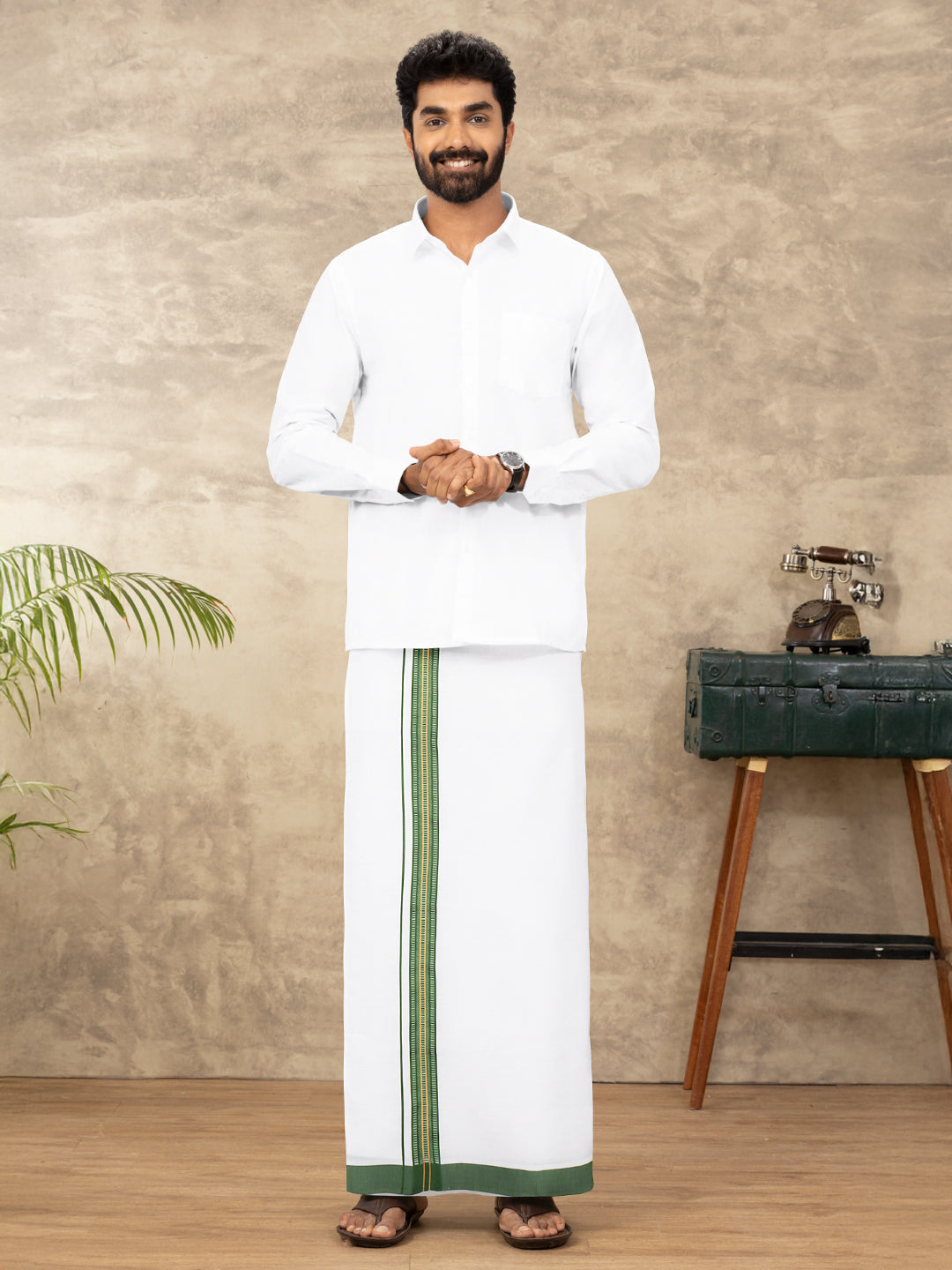 Men Cotton Blend Single Layer White Dhoti with Fancy Jari Border HGF22