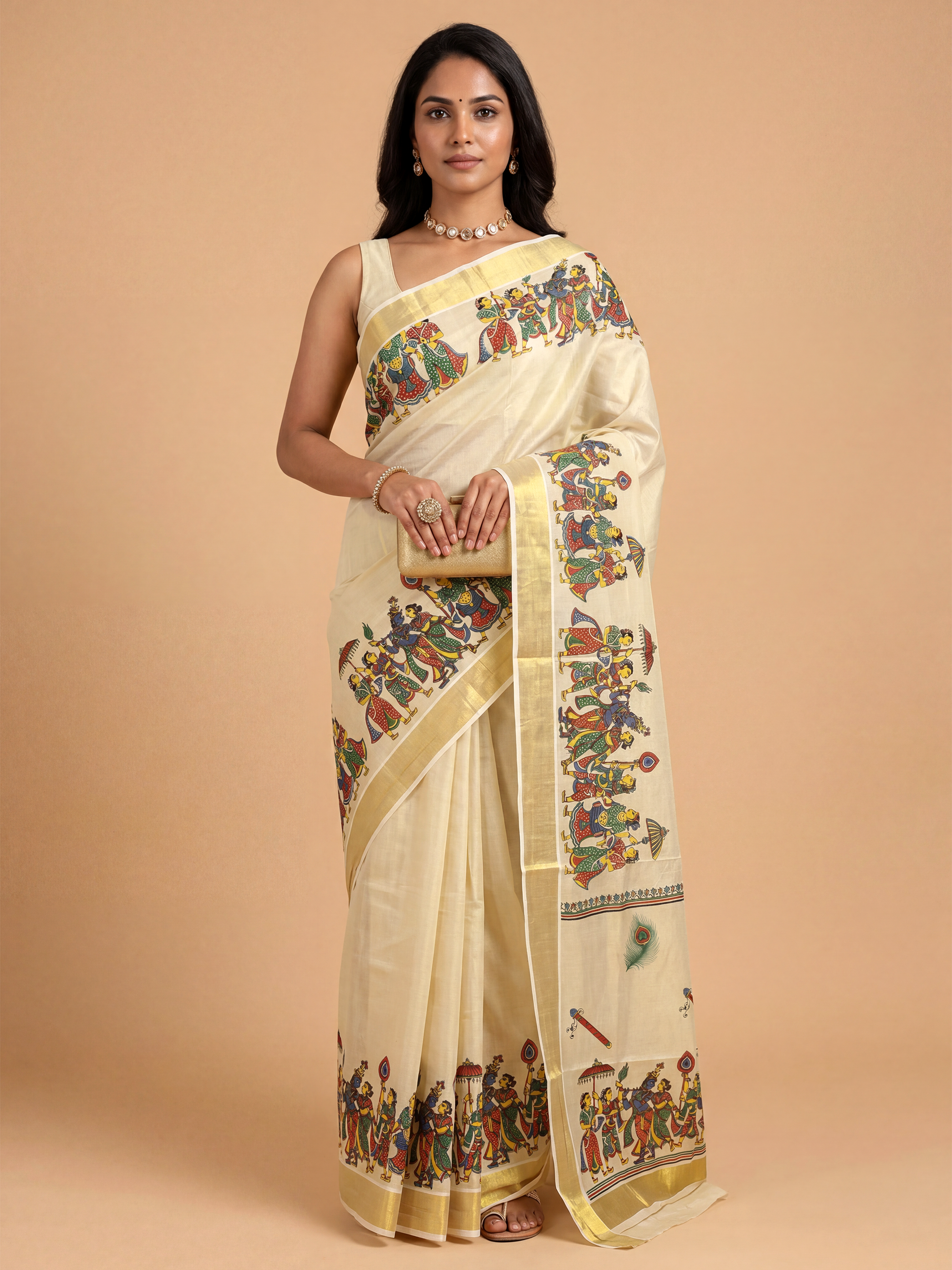 Women Kerala Peacock Printed Cream Saree KLS26