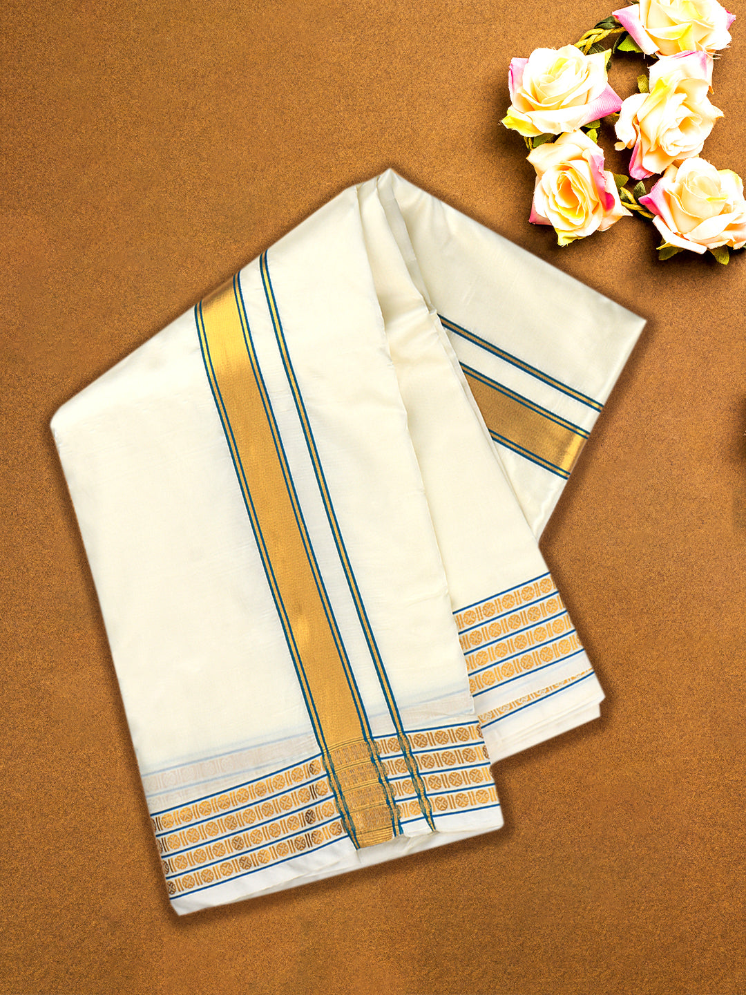 Men Art Silk Panchakacham with Angavashtram Cream(9+5)