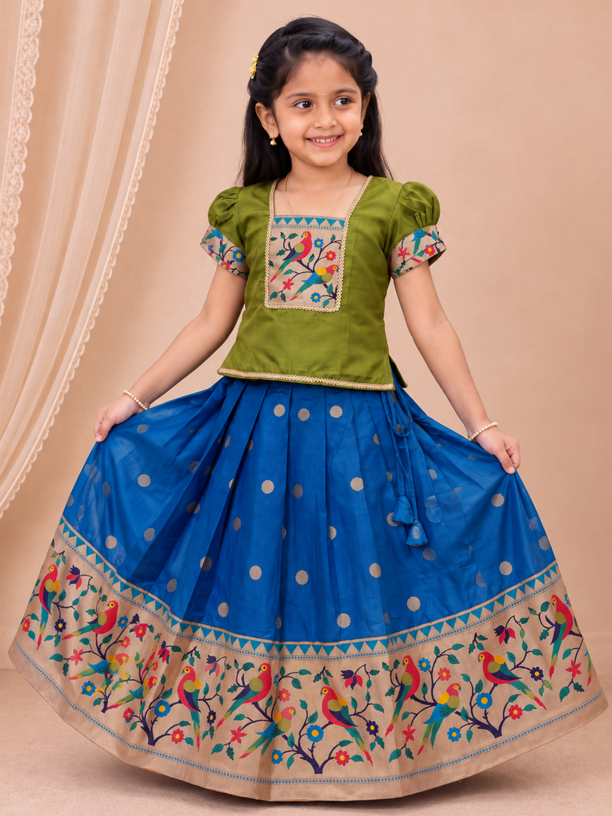 Girls Art Silk Green with Teal Blue Pattu Pavadai Set GPS76