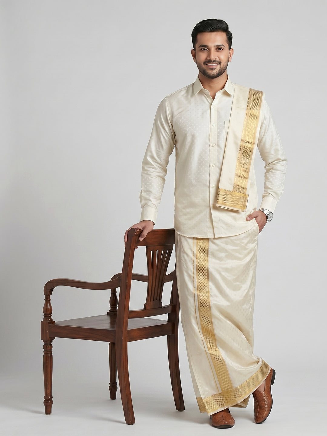 Men Art Silk Cream Self Design Shirt & Dhoti Towel Set Parinayam Grand CRJD1
