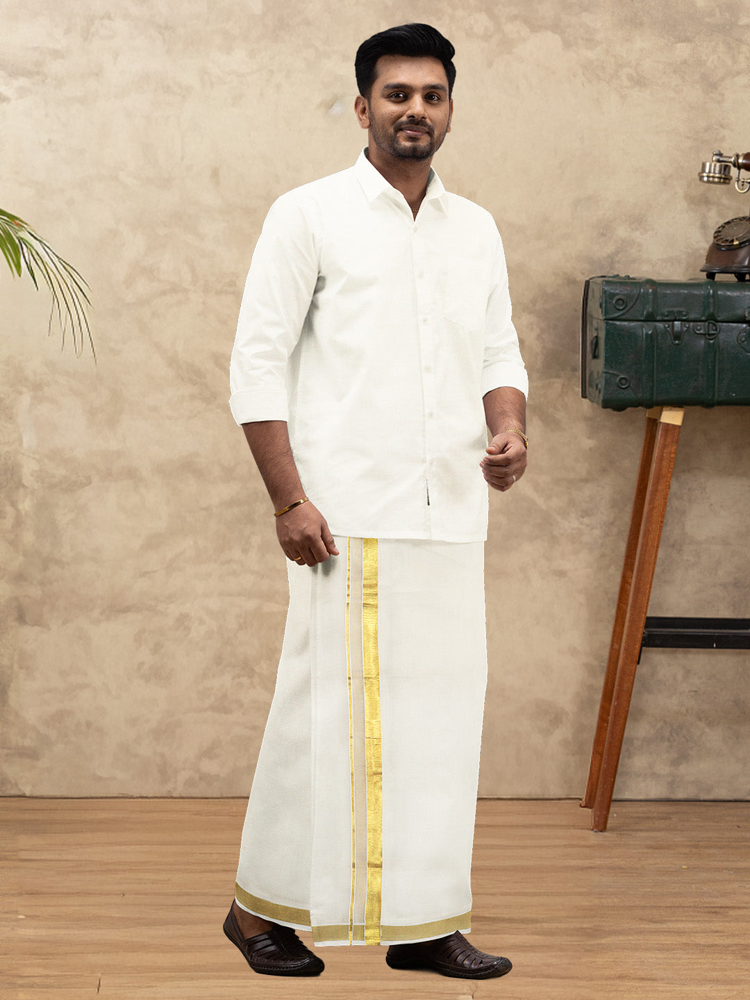 Men Kora Cotton Double Layer Dhoti with Gold Jari Border Chingam 5028