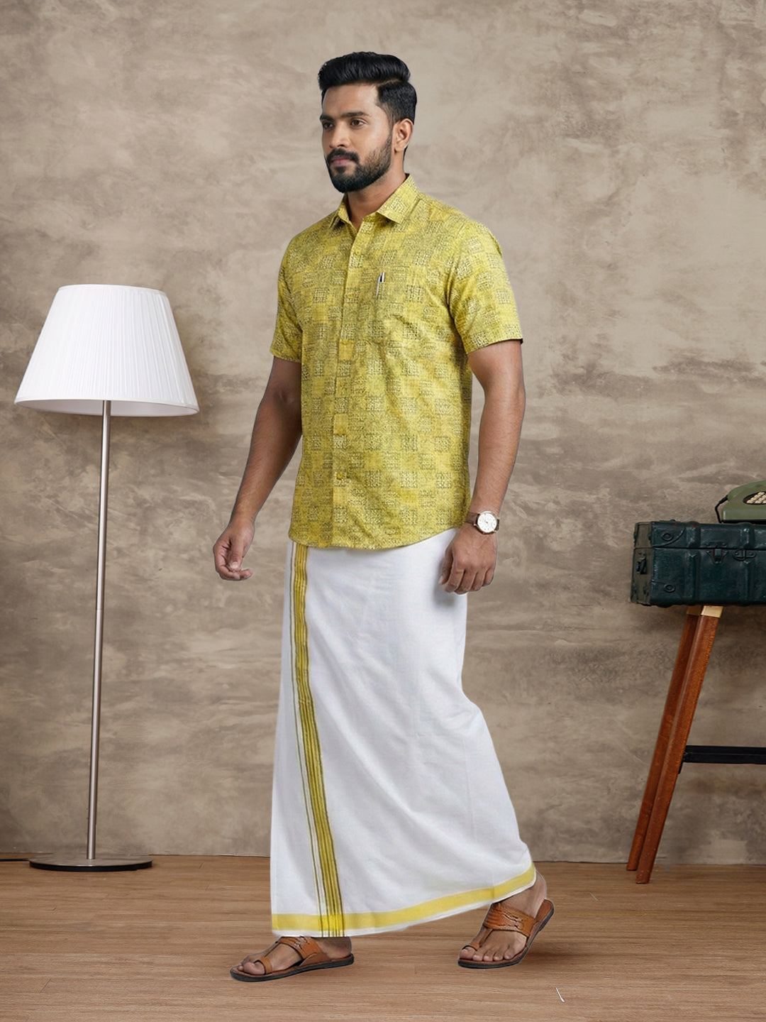Men Lemon Yellow Matching Border Dhoti With Printed Shirt Set Fusion PS29