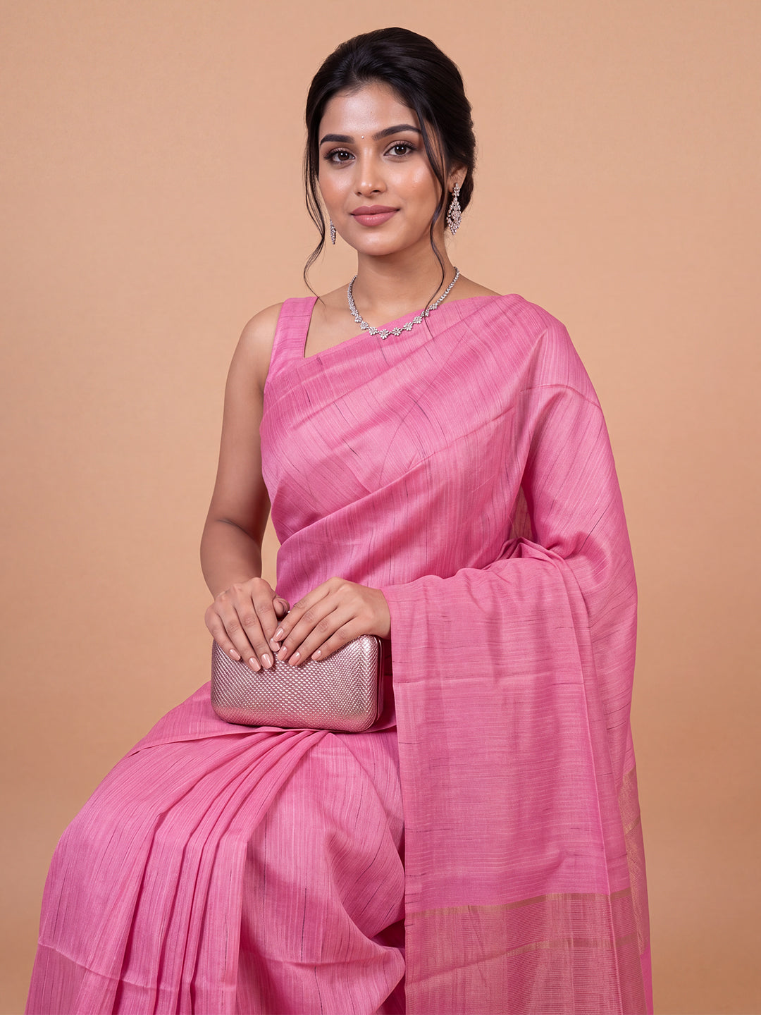 Women Semi Tussar Dark Pink Striped Saree ST360