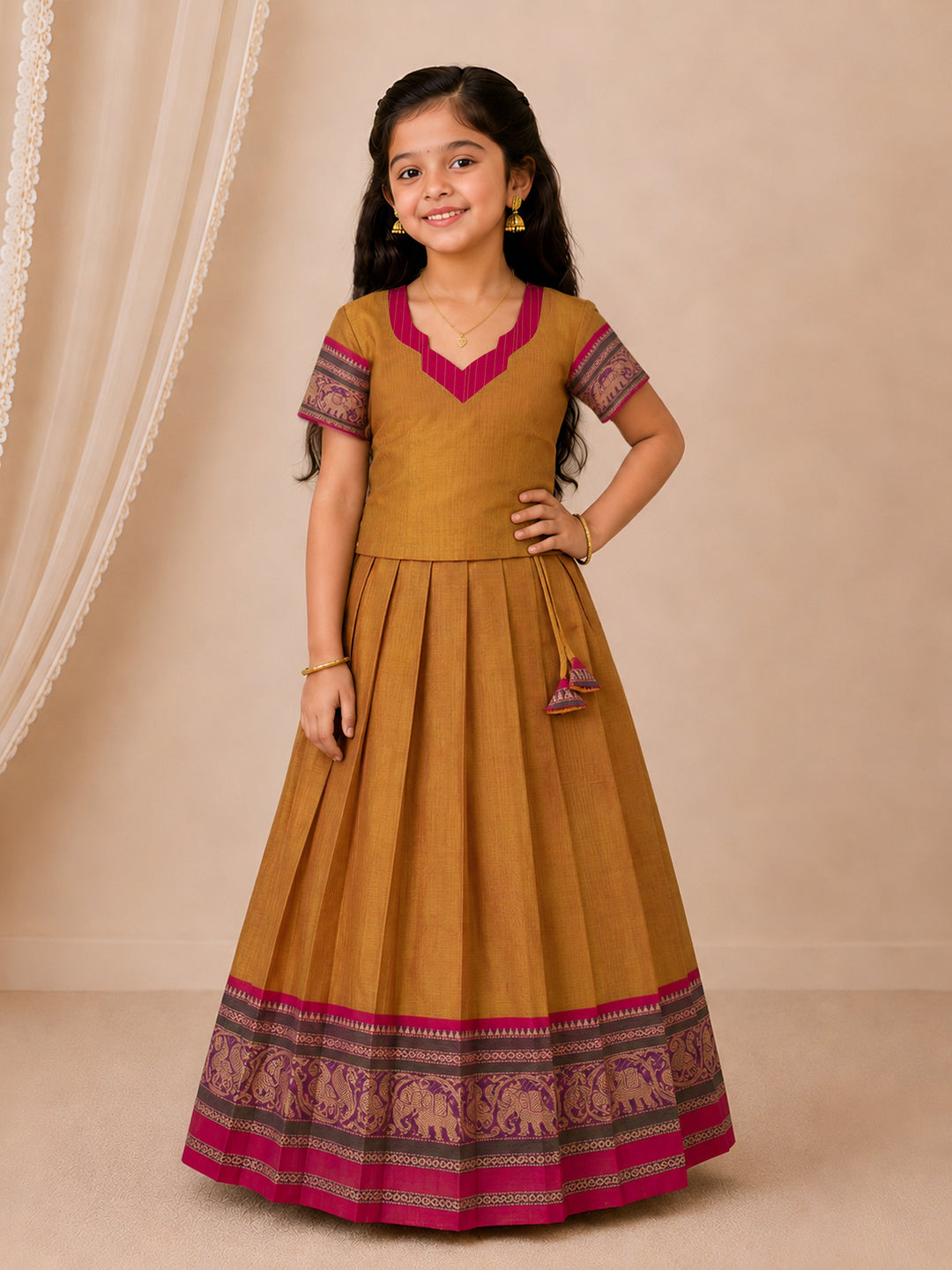 Girls Cotton Mustard with Pink Pattu Pavadai Set GPS59
