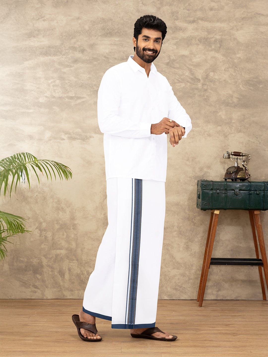 Men 100% Cotton Double Layer White Dhoti with Fancy Jari Border RGF04
