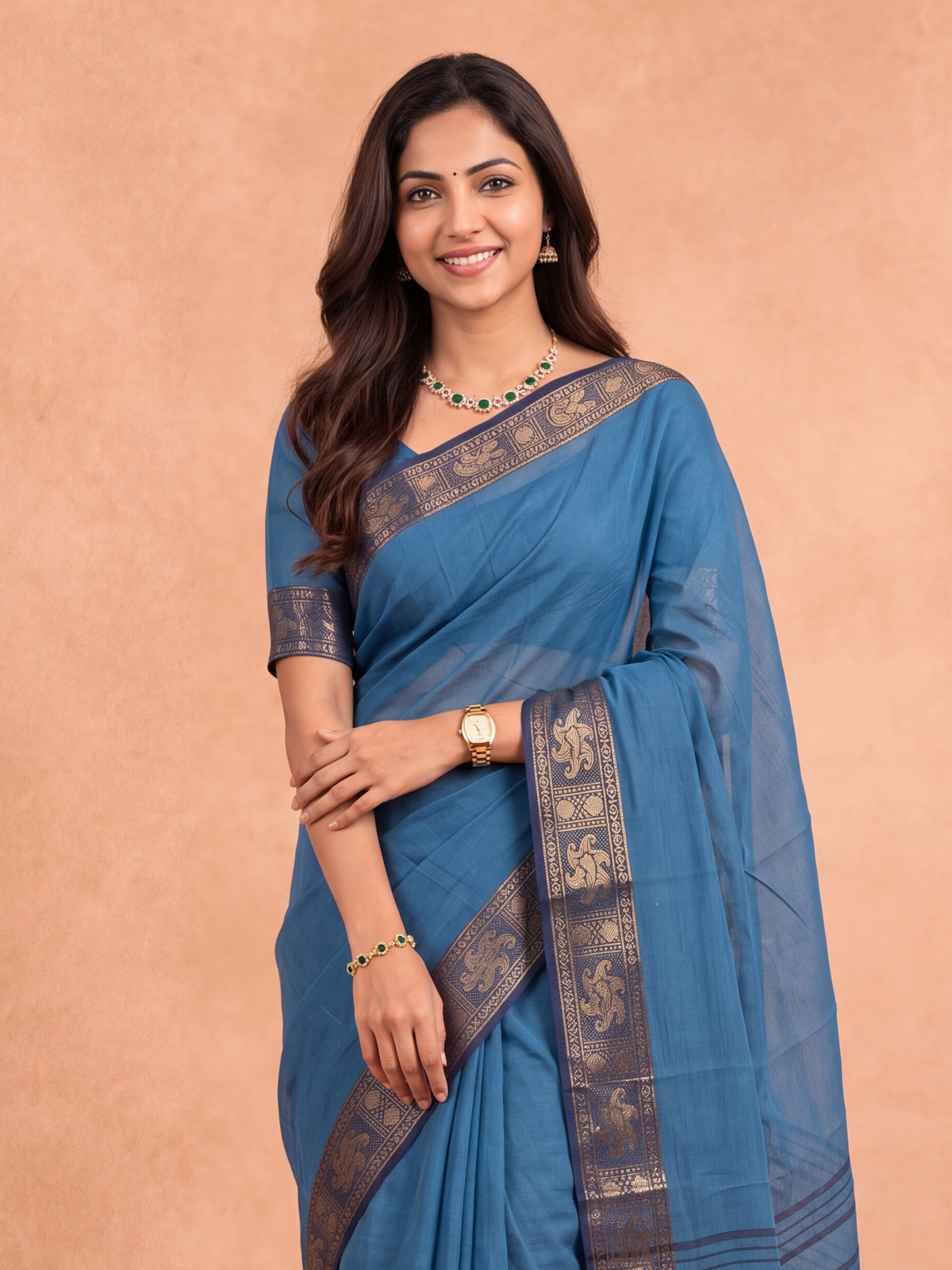 Women Chettinad Cotton Dark Blue Saree CCS24