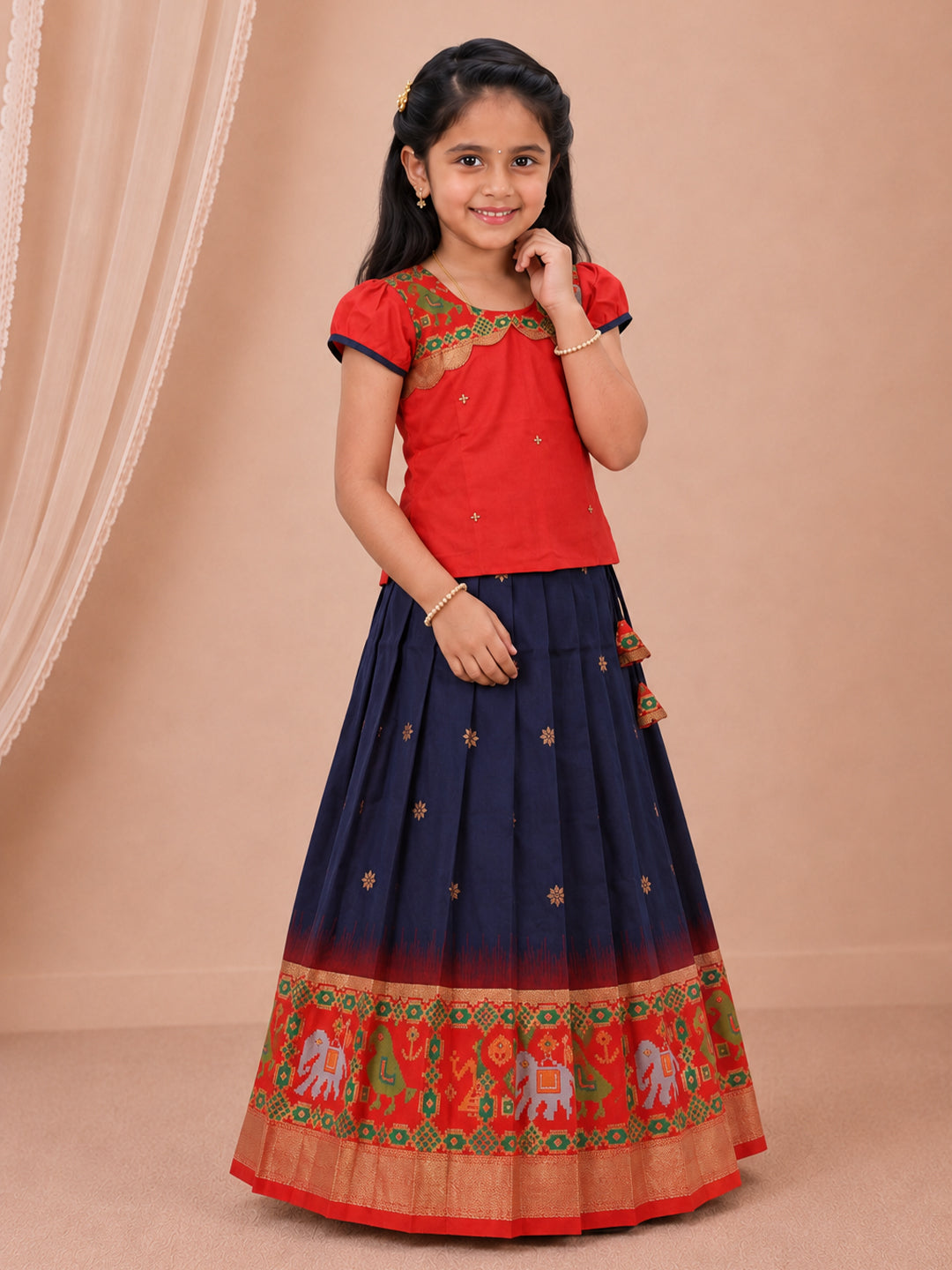 Girls Art Silk Red with Navy Pattu Pavadai Set GPS64