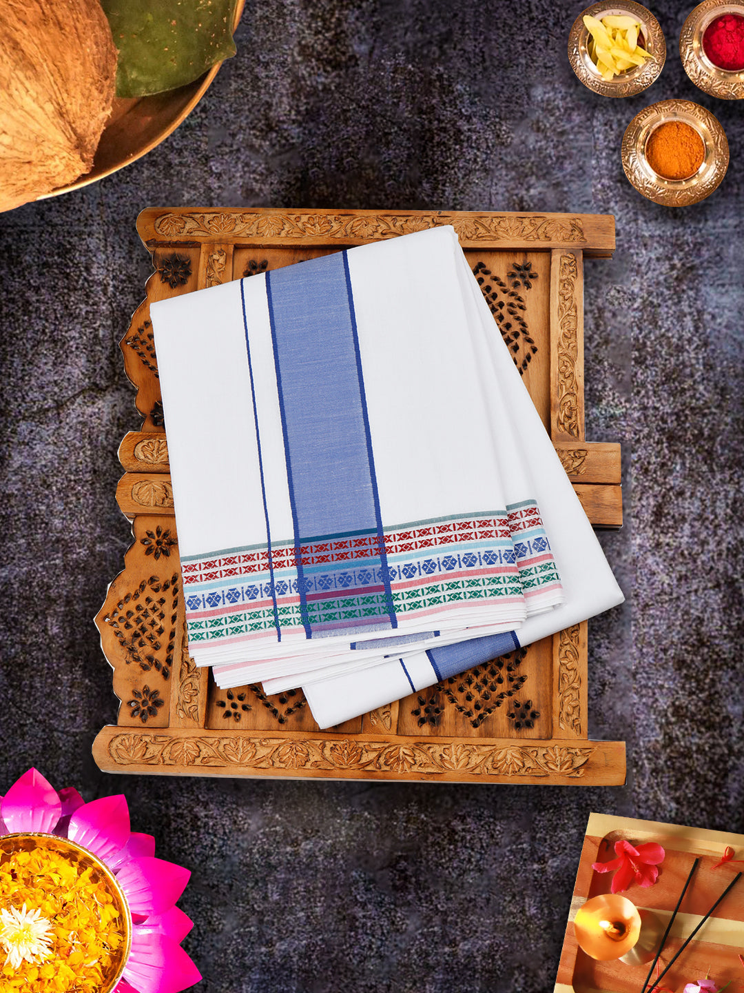 Mens White Panchakacham with Angavasthram Blue Fancy Border Srirasthu (9+5)-View one