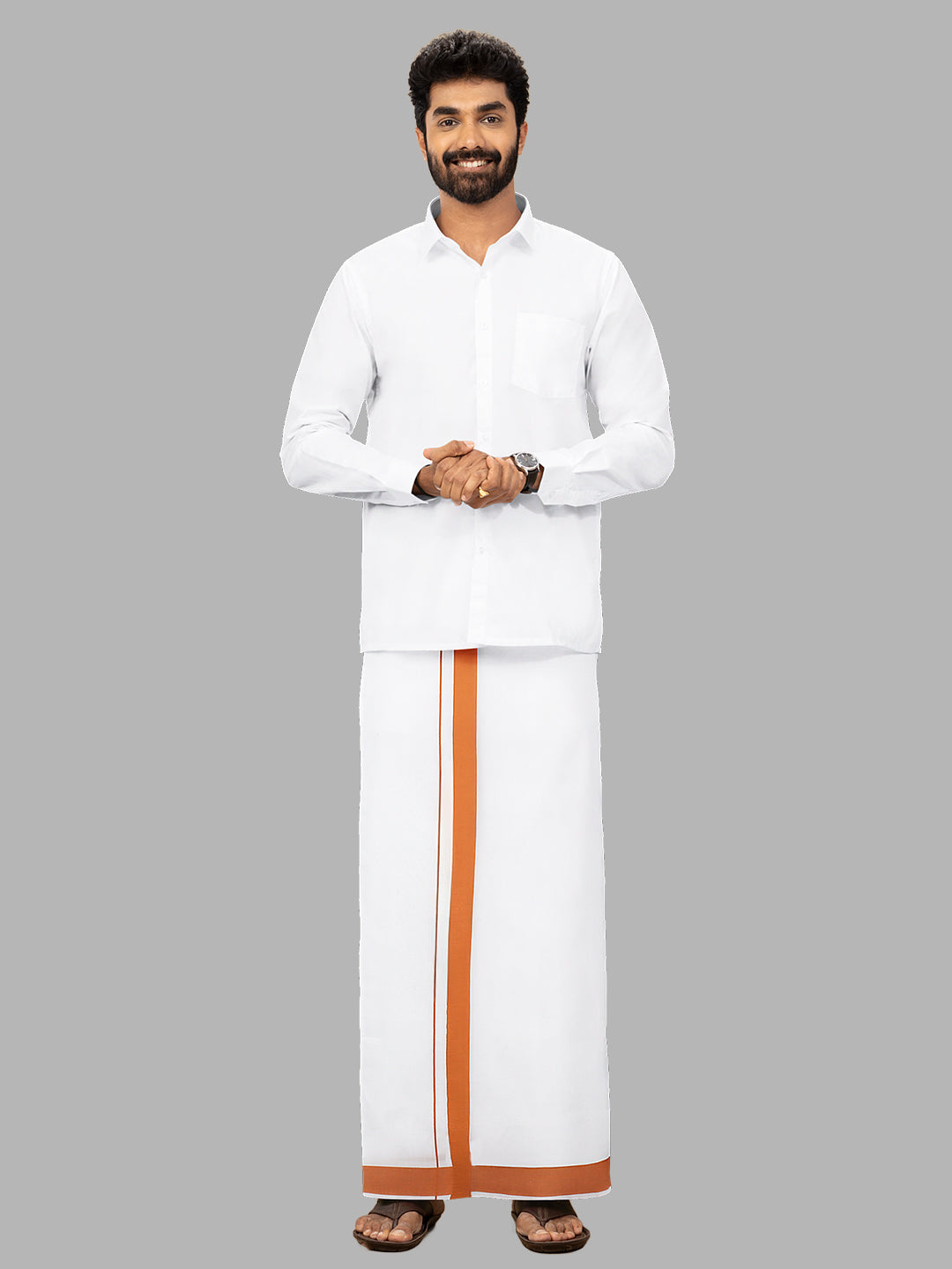 Men Cotton Blend Readymade Single Layer White Dhoti with Big Border GACS6