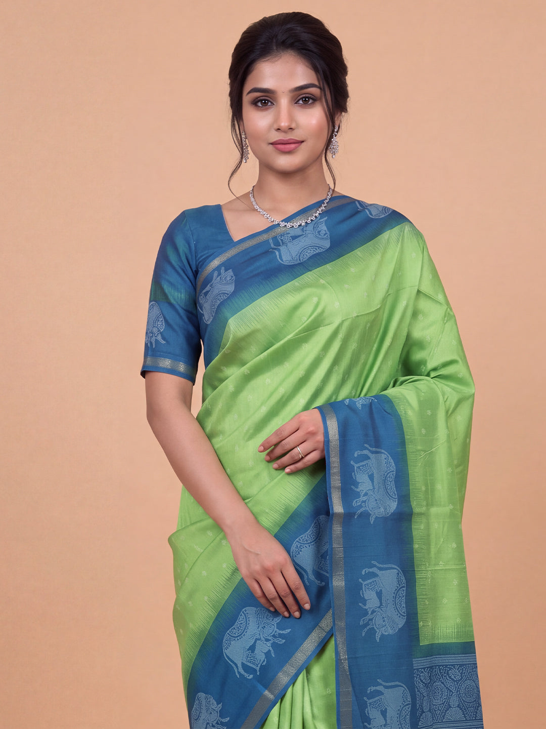 Women Semi Raw Silk Peacock Blue with Parrot Green Fancy Printed Saree SRS130
