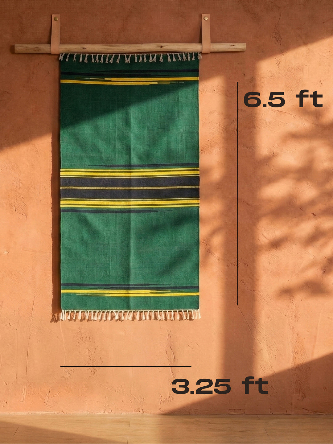 Bhavani Jamakkalam / Handwoven Cotton Carpet Green Base with Blue & Yellow Stripes (3.25 ft × 6.5 ft)